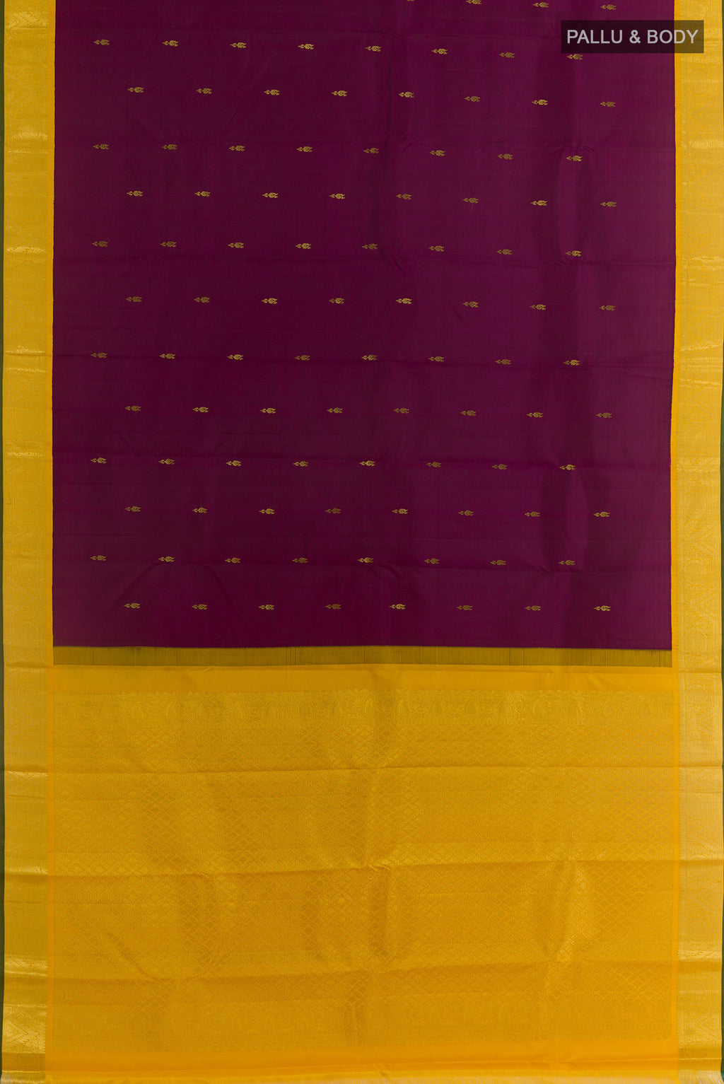 Flat view of Purple Kanjivaram Silk Saree with Zari Butta on the body and Zari Border. 