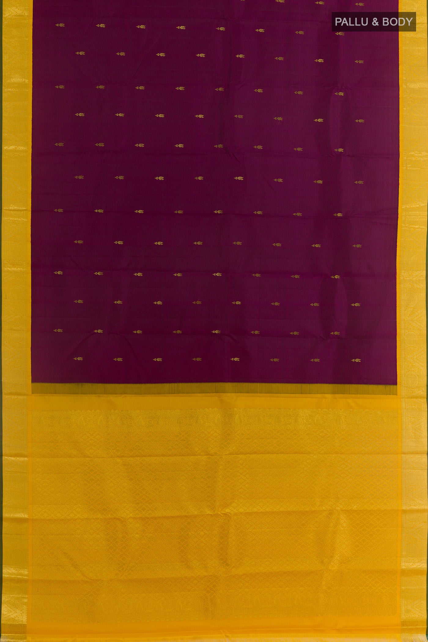 Flat view of Purple Kanjivaram Silk Saree with Zari Butta on the body and Zari Border. 