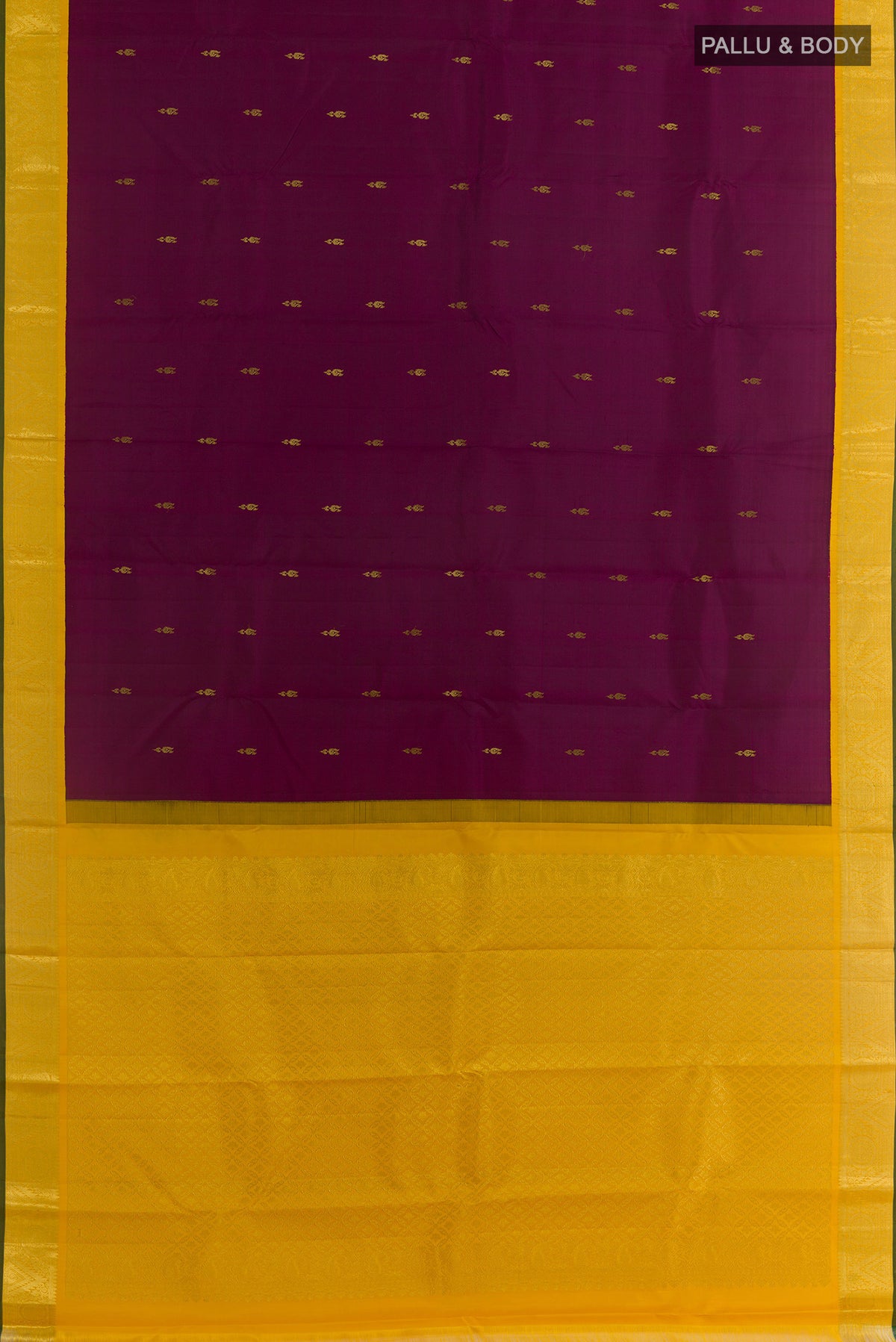 Flat view of Purple Kanjivaram Silk Saree with Zari Butta on the body and Zari Border. 
