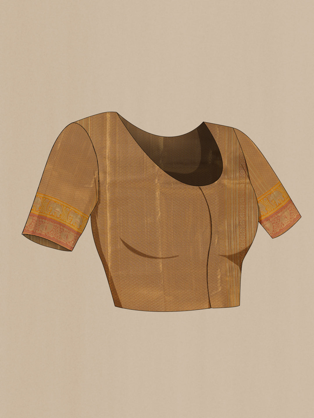 Close up image of the blouse of Golden Dual Tone Kanchipuram Tissue Silk Saree with Zari Brocade on the body and Zari Border. 