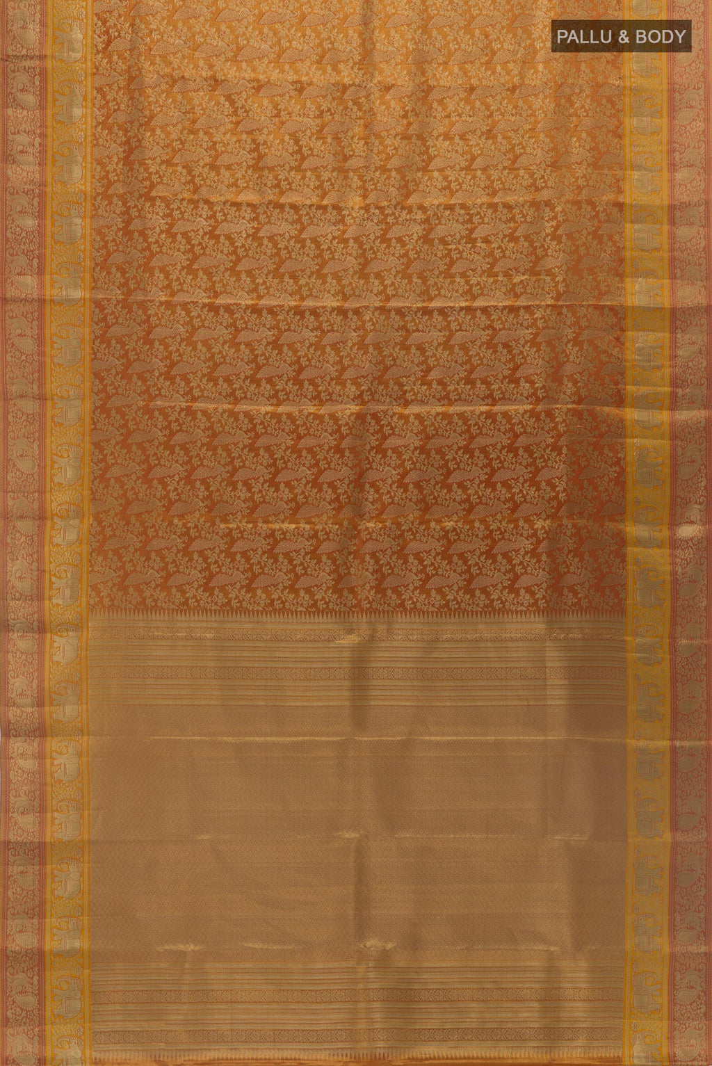 Flat view of Golden Dual Tone Kanchipuram Tissue Silk Saree with Zari Brocade on the body and Zari Border. 