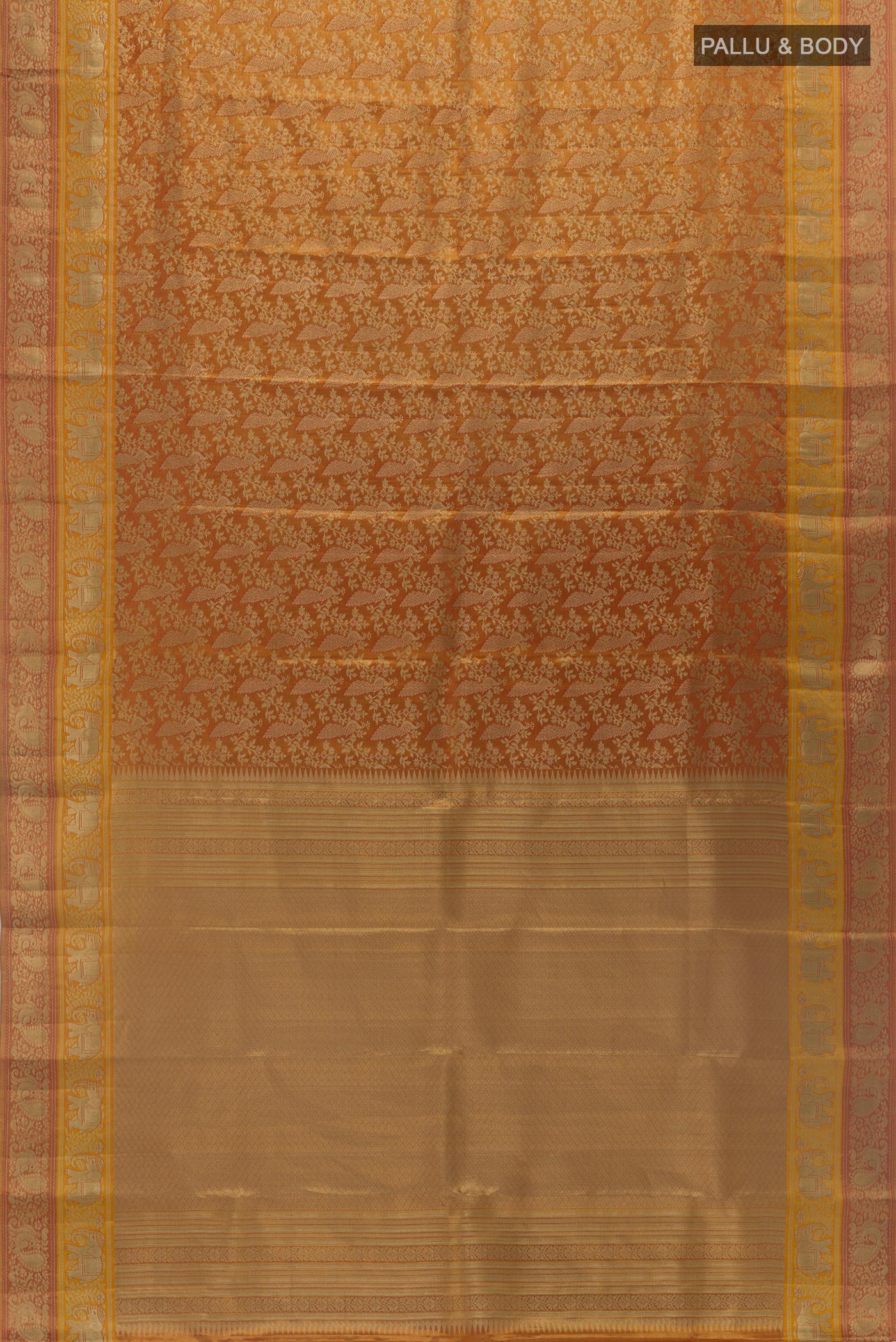 Flat view of Golden Dual Tone Kanchipuram Tissue Silk Saree with Zari Brocade on the body and Zari Border. 