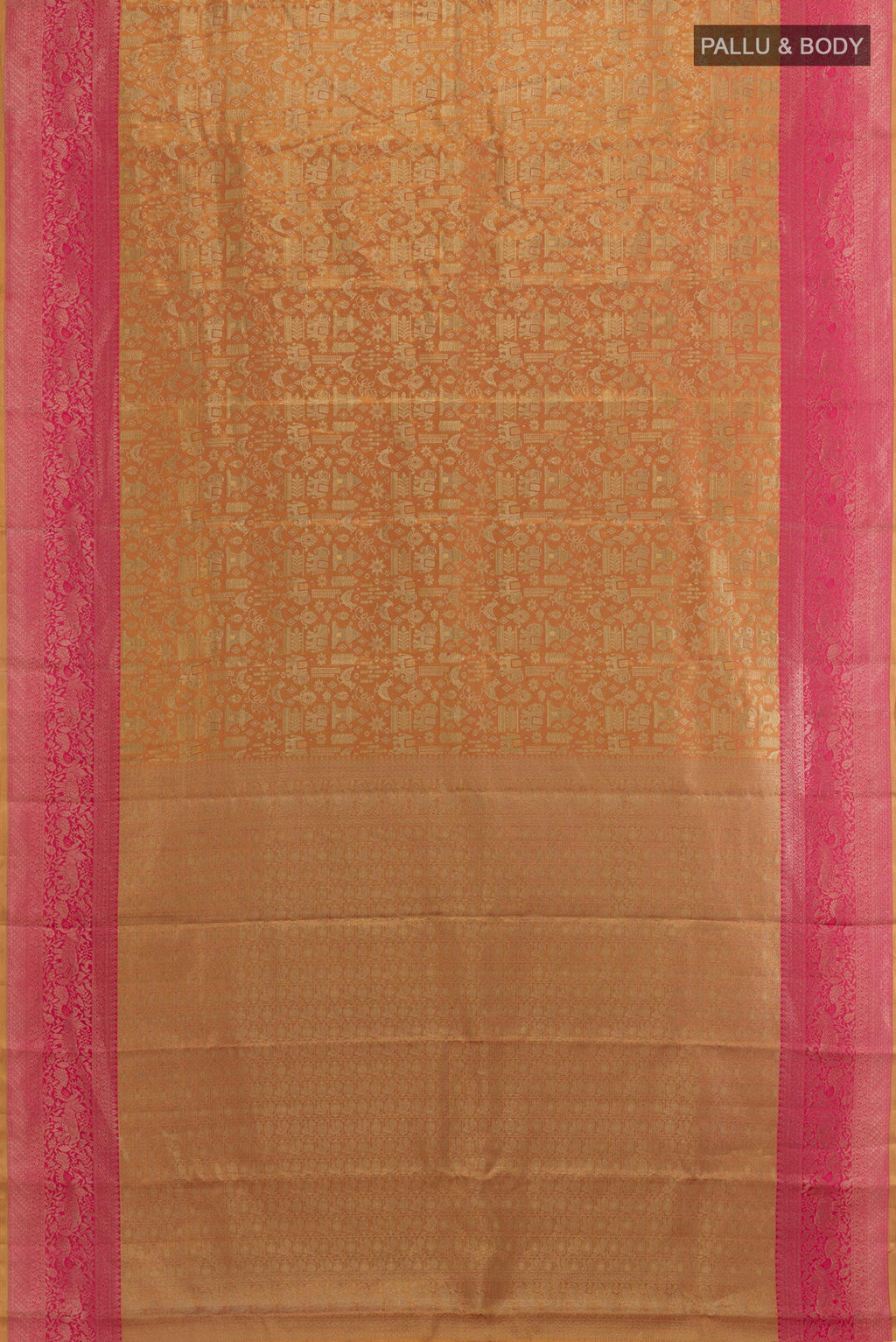 Flat view of Gold Dual Tone Kanchipuram Tissue Silk Saree with Zari Brocade on the body and Zari Border. 