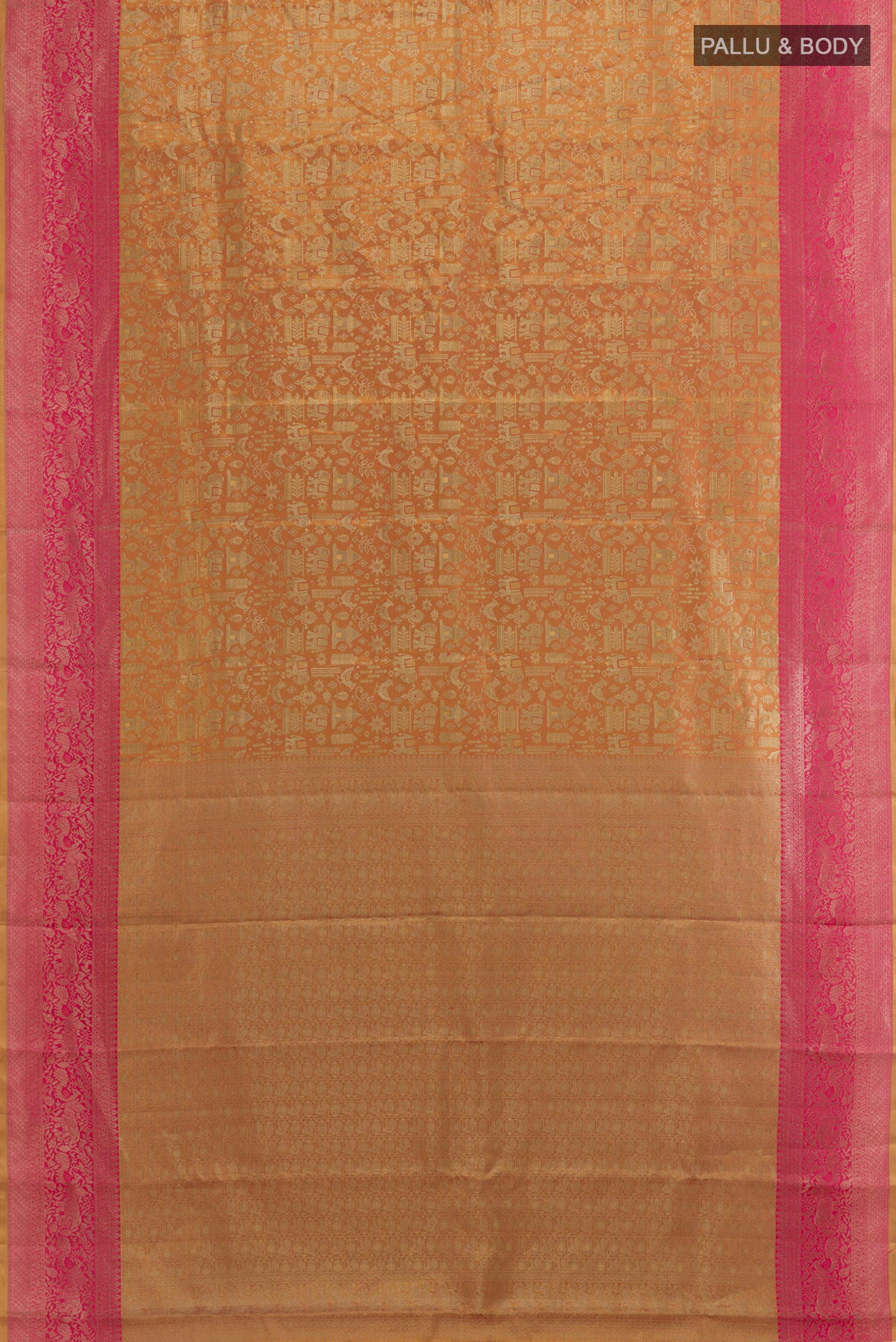 Flat view of Gold Dual Tone Kanchipuram Tissue Silk Saree with Zari Brocade on the body and Zari Border. 