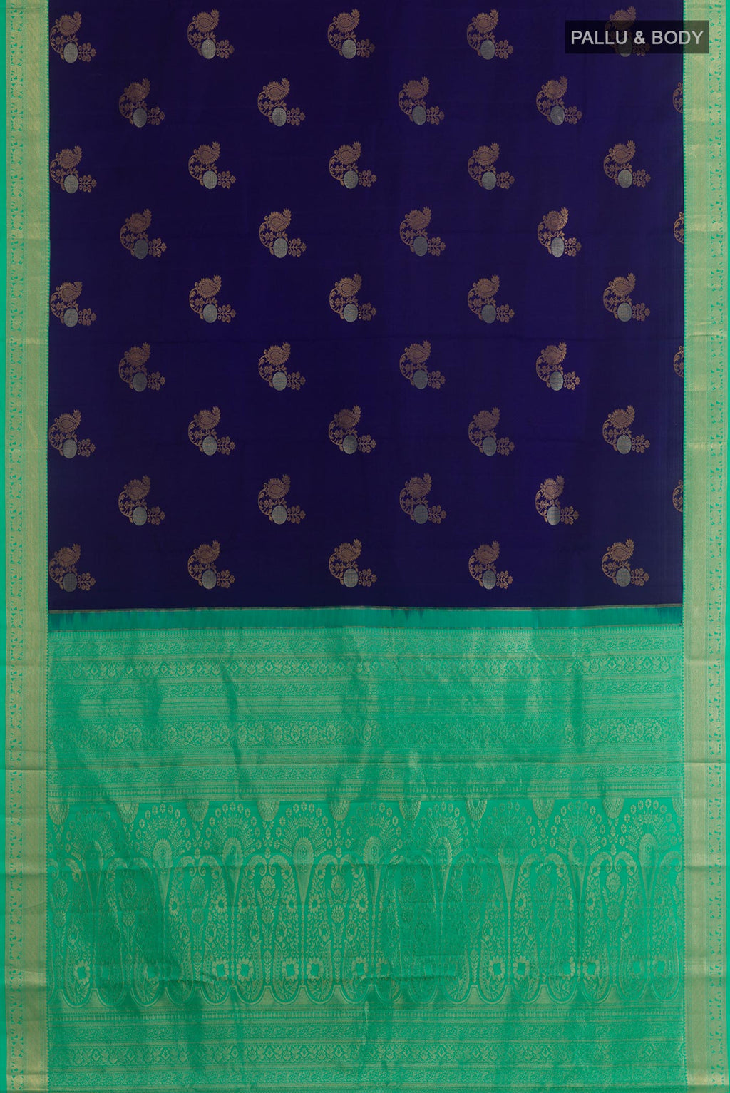 Flat view of Navy Blue Kanjivaram Silk Saree with Zari Butta on the body and Zari Border. 
