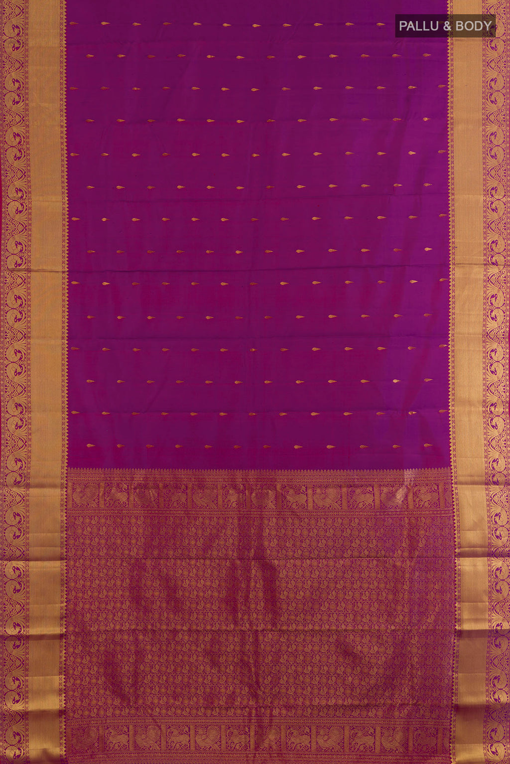 Flat view of Pure Silk Purple Kanchipuram Saree with Zari Butta on the body and Zari Border. 
