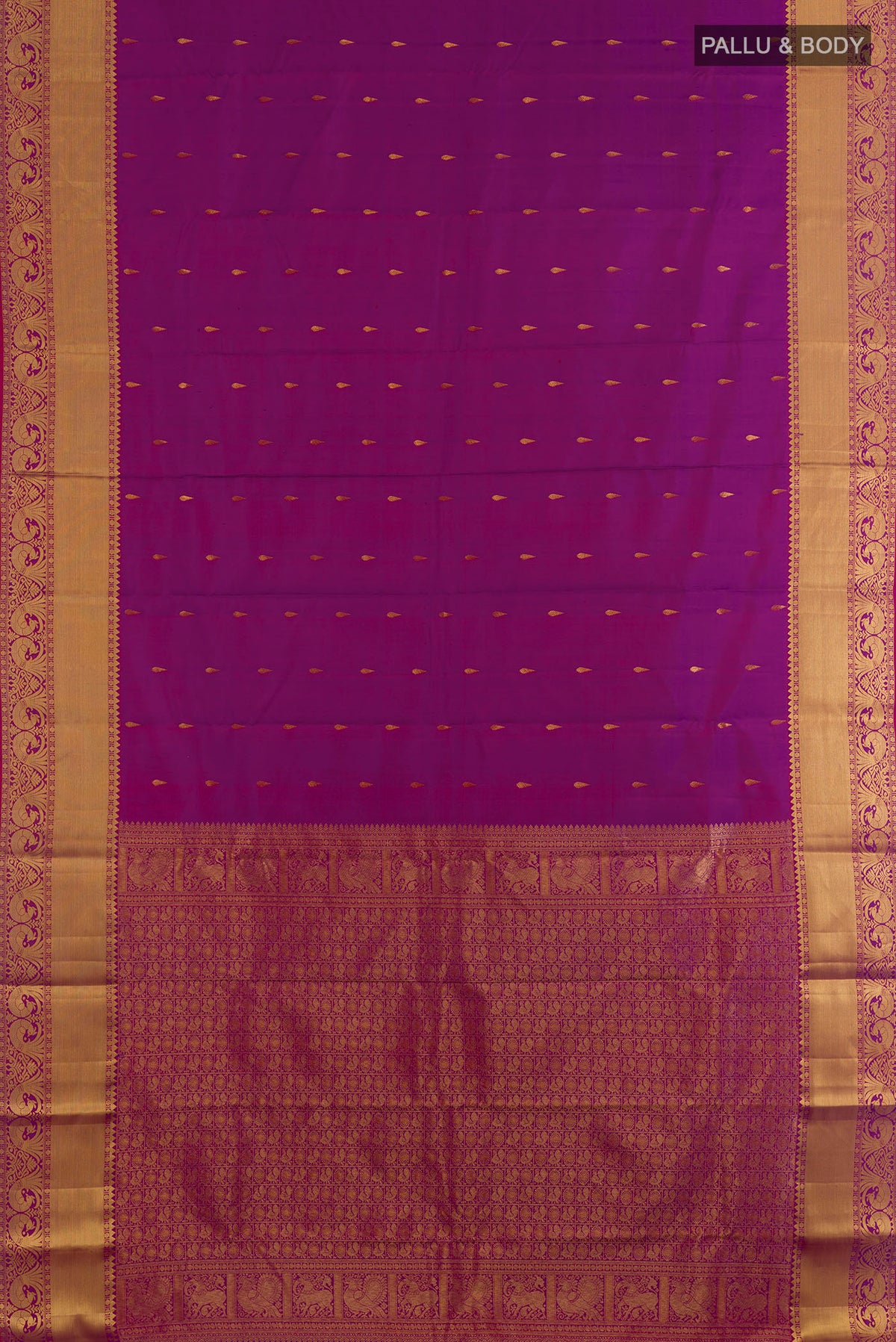 Flat view of Pure Silk Purple Kanchipuram Saree with Zari Butta on the body and Zari Border. 