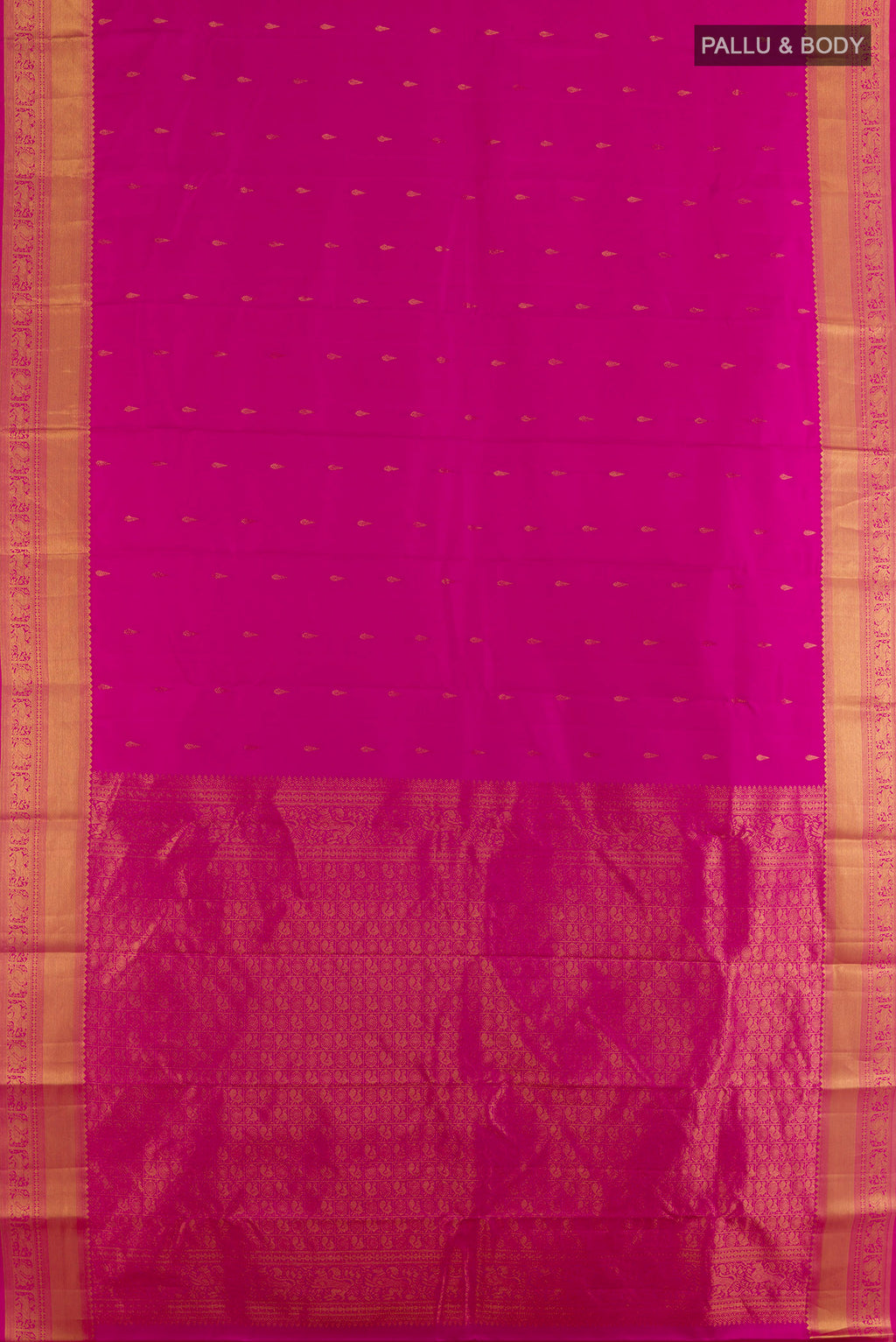 Flat view of Pure Silk Pink Kanchipuram Saree with Zari Butta on the body and Zari Border. 