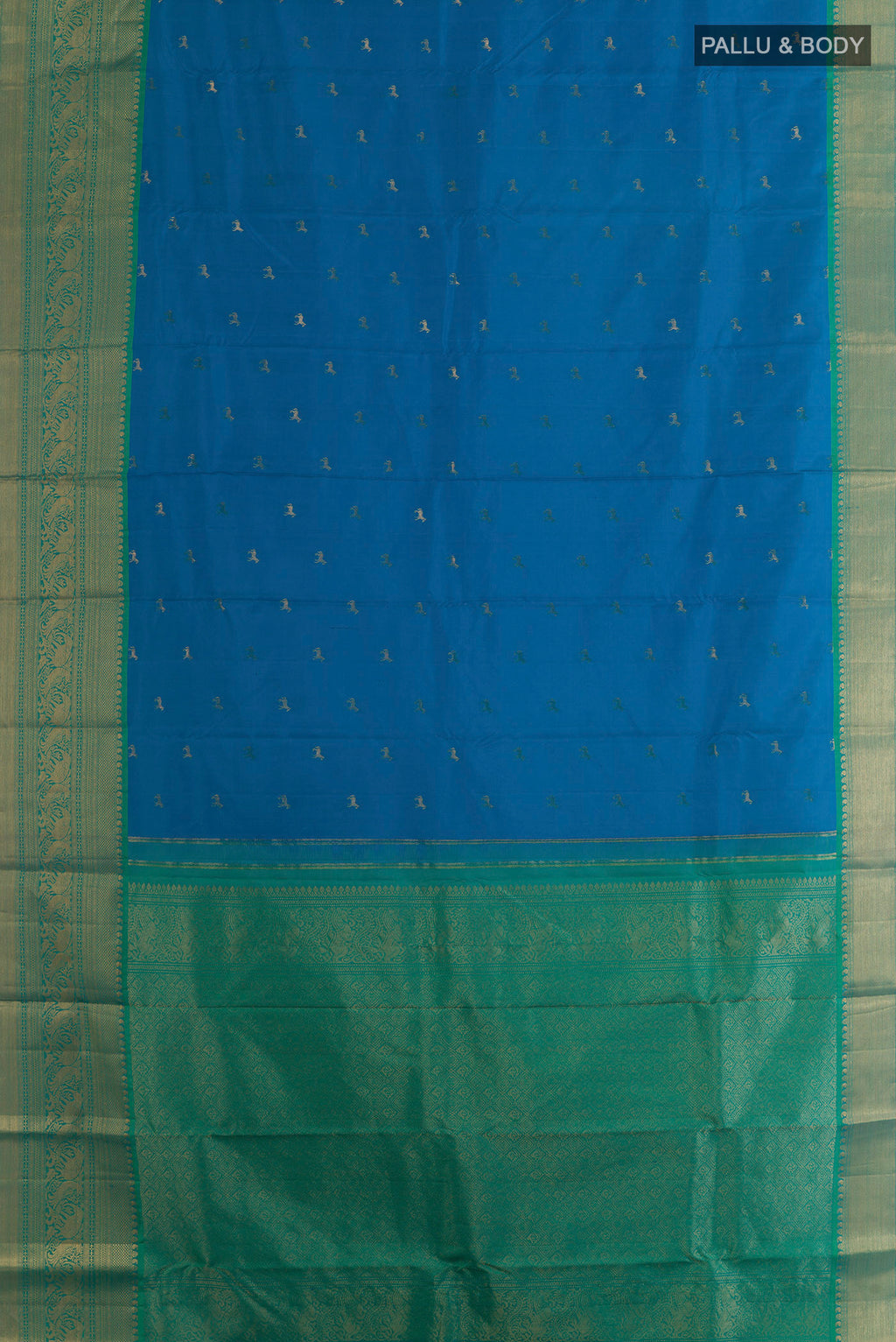 Flat view of Pure Silk Blue Kanchipuram Saree with Zari Butta on the body and Zari Border. 