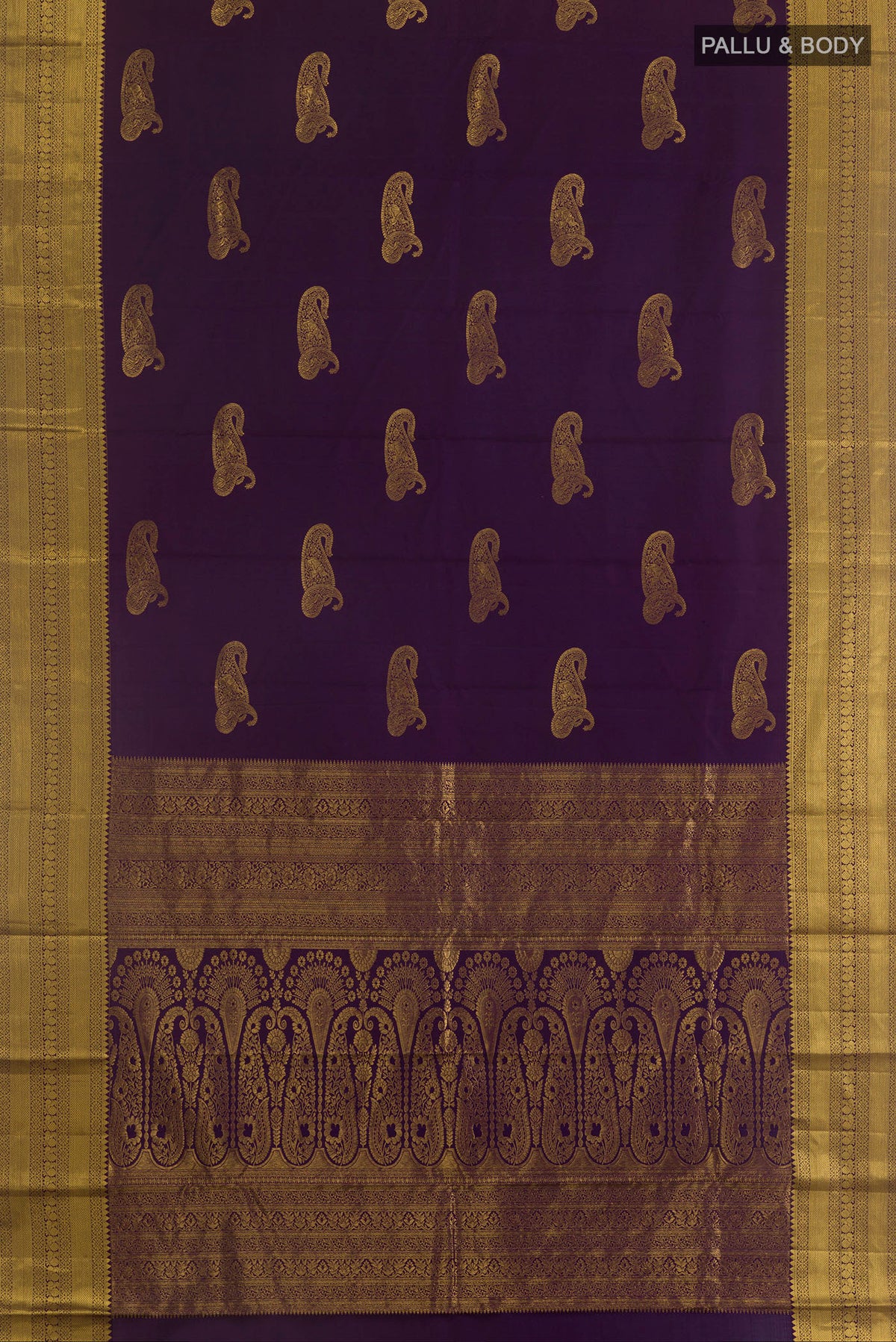 Flat view of Pure Silk Purple Kanchipuram Saree with Zari Butta on the body and Zari Border. 
