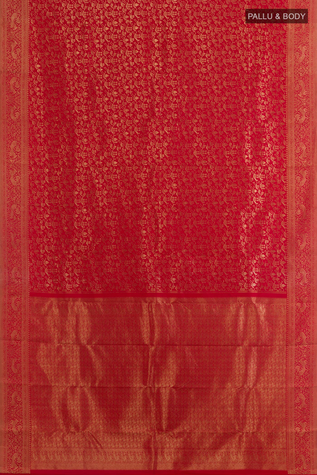 Flat view of Red Kanchipuram Silk Saree with Zari Brocade on the body and Zari Border. 