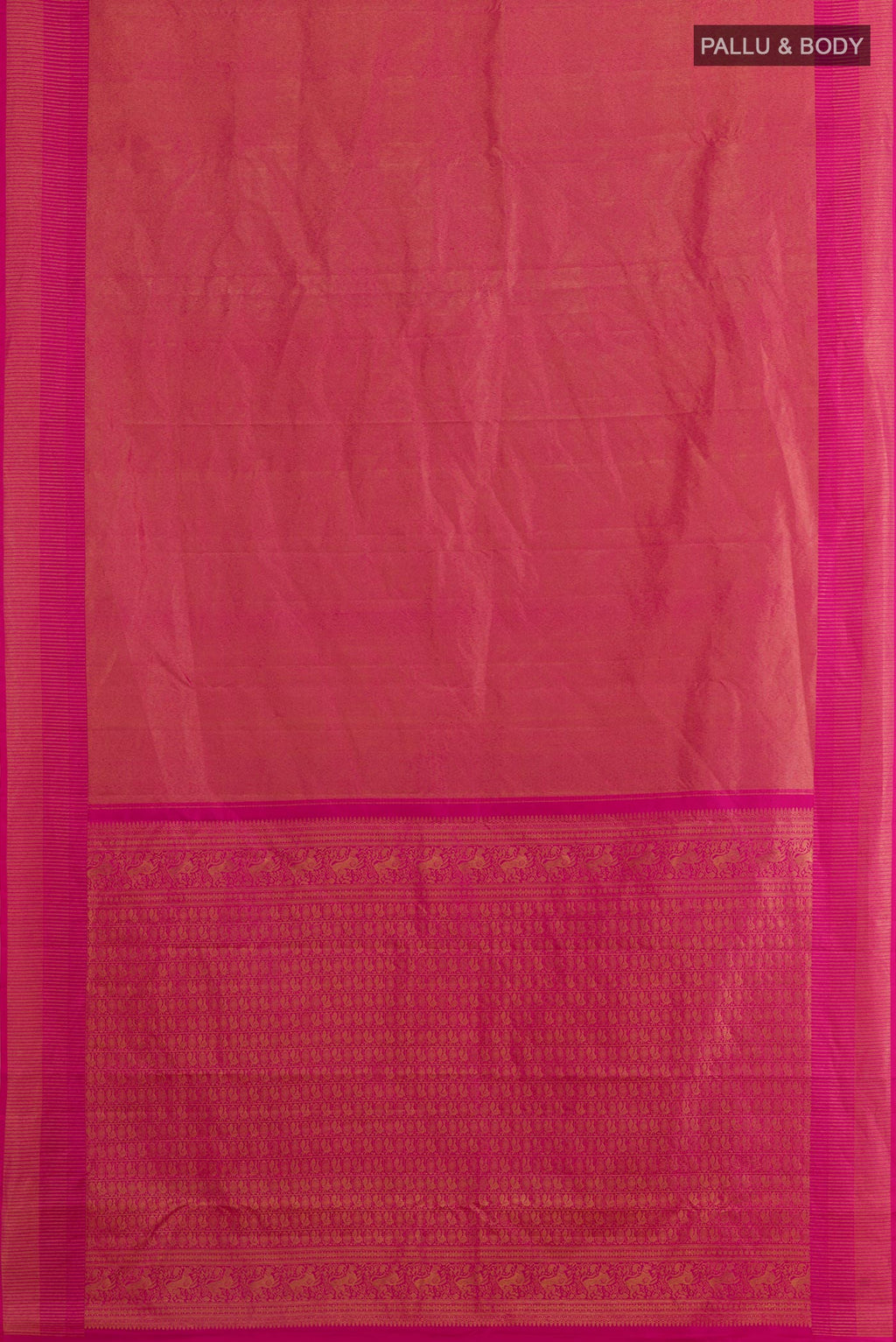 Flat view of Pink Kanchipuram Silk Saree with Zari Brocade on the body and Zari Border. 