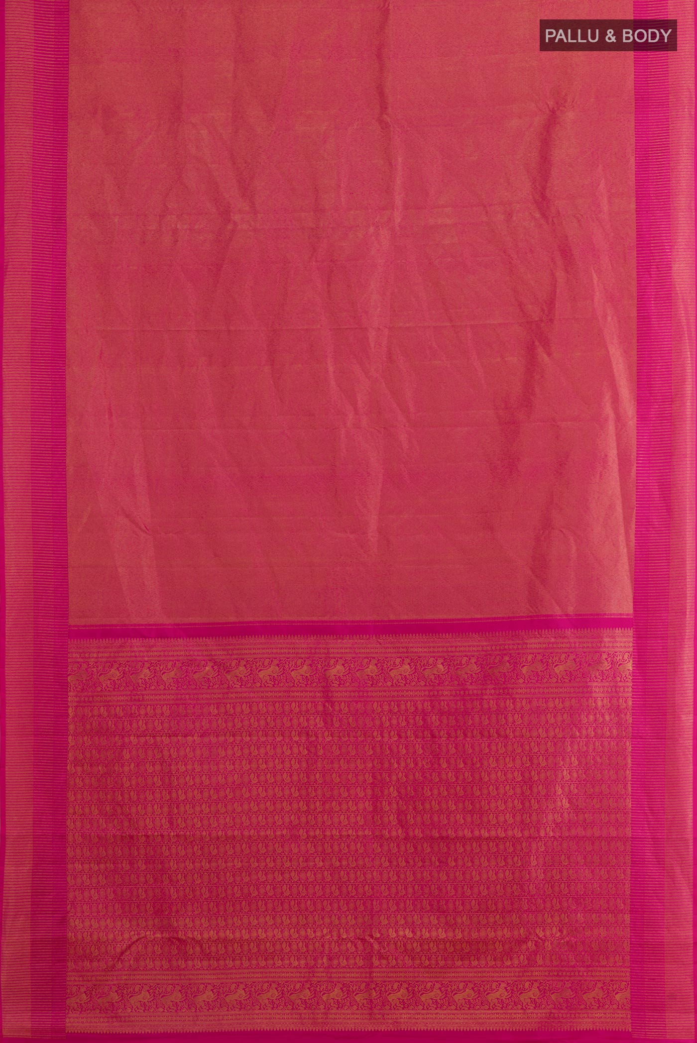 Flat view of Pink Kanchipuram Silk Saree with Zari Brocade on the body and Zari Border. 