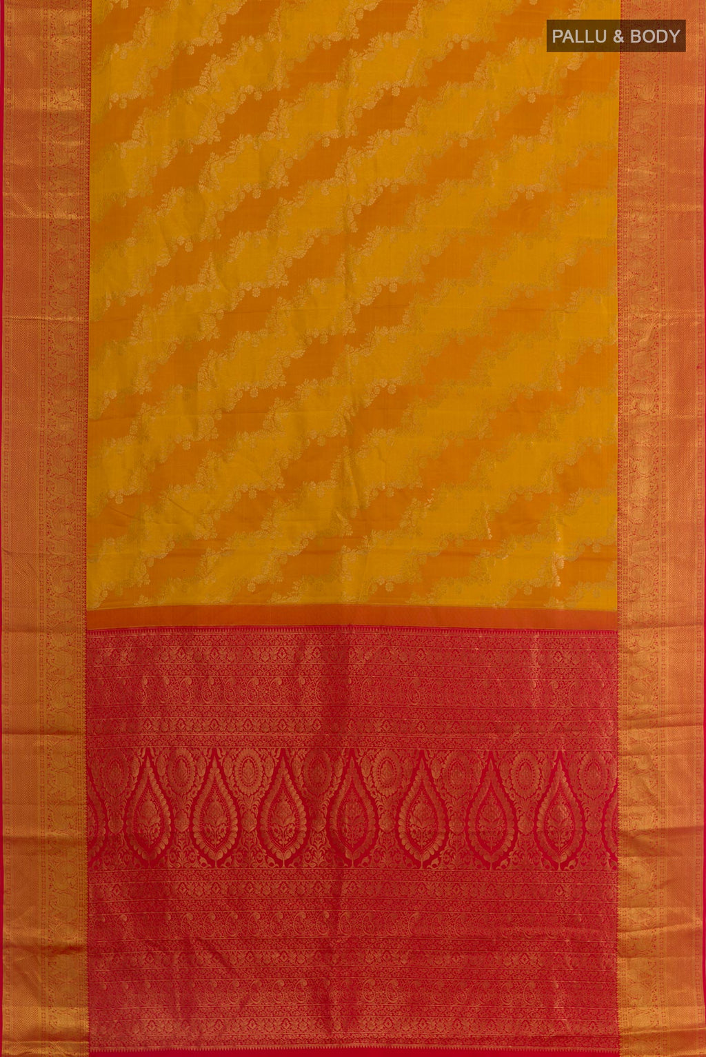 Flat view of Yellow Kanchipuram Silk Saree with Zari Brocade on the body and Zari Border. 