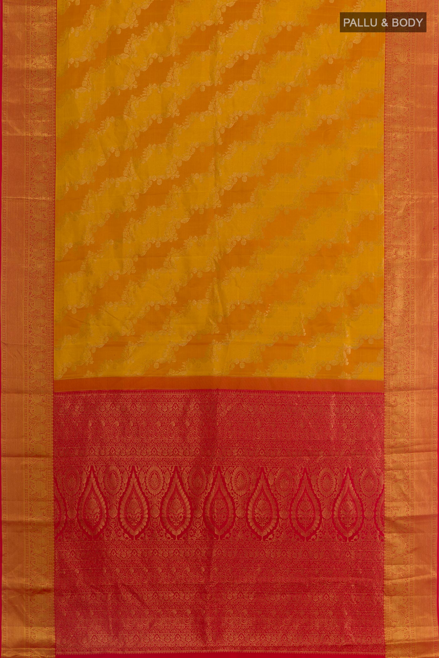 Flat view of Yellow Kanchipuram Silk Saree with Zari Brocade on the body and Zari Border. 