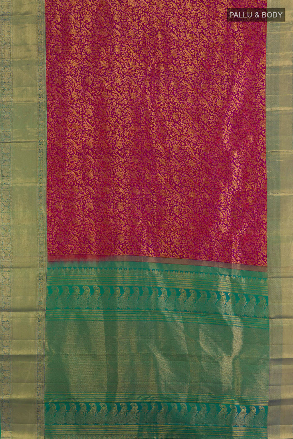 Flat view of Pure Silk Pink Kanchipuram Saree with Zari Brocade on the body and Zari Border. 