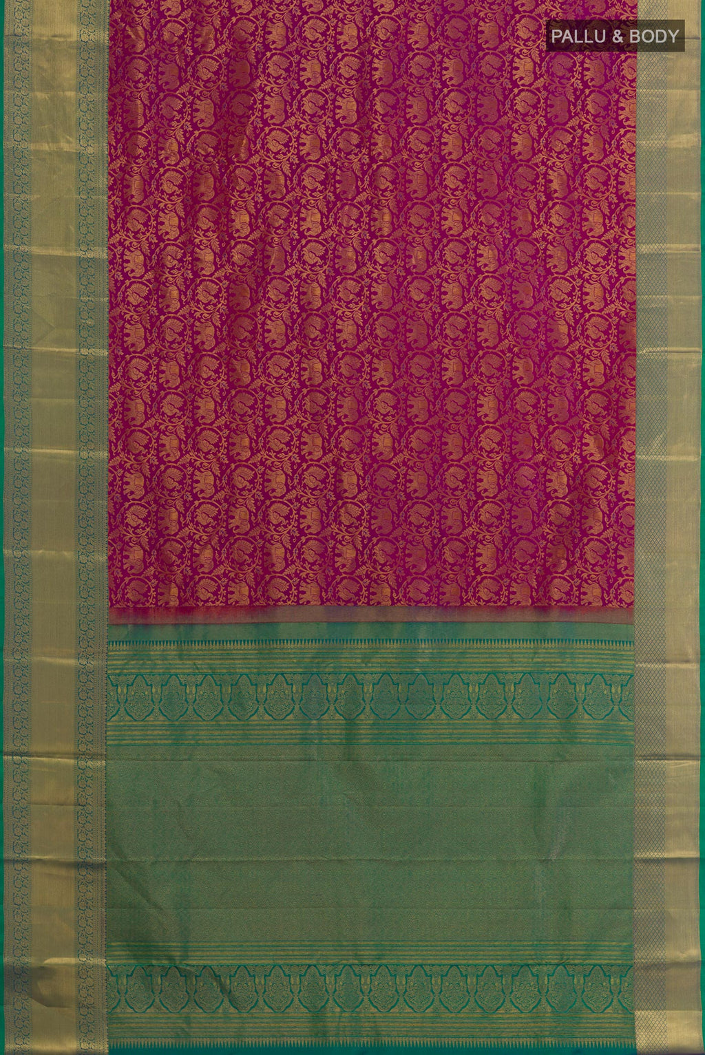 Flat view of Magenta Kanchipuram Silk Saree with Zari Brocade on the body and Zari Border. 
