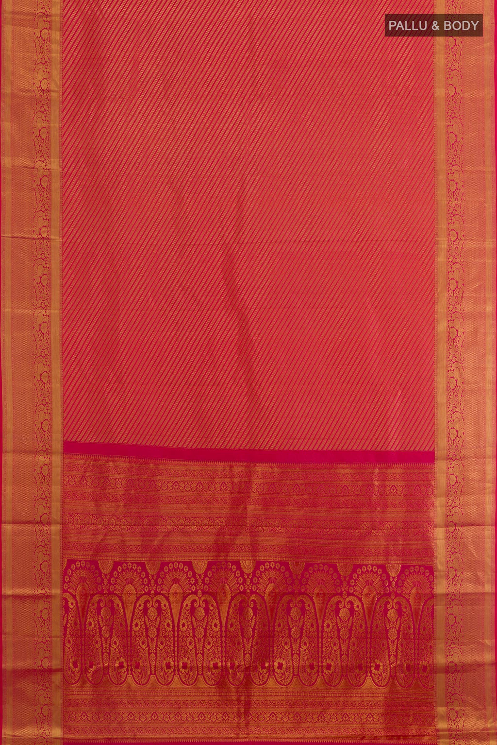 Flat view of Pink Kanchipuram Silk Saree with Zari Brocade on the body and Zari Border. 