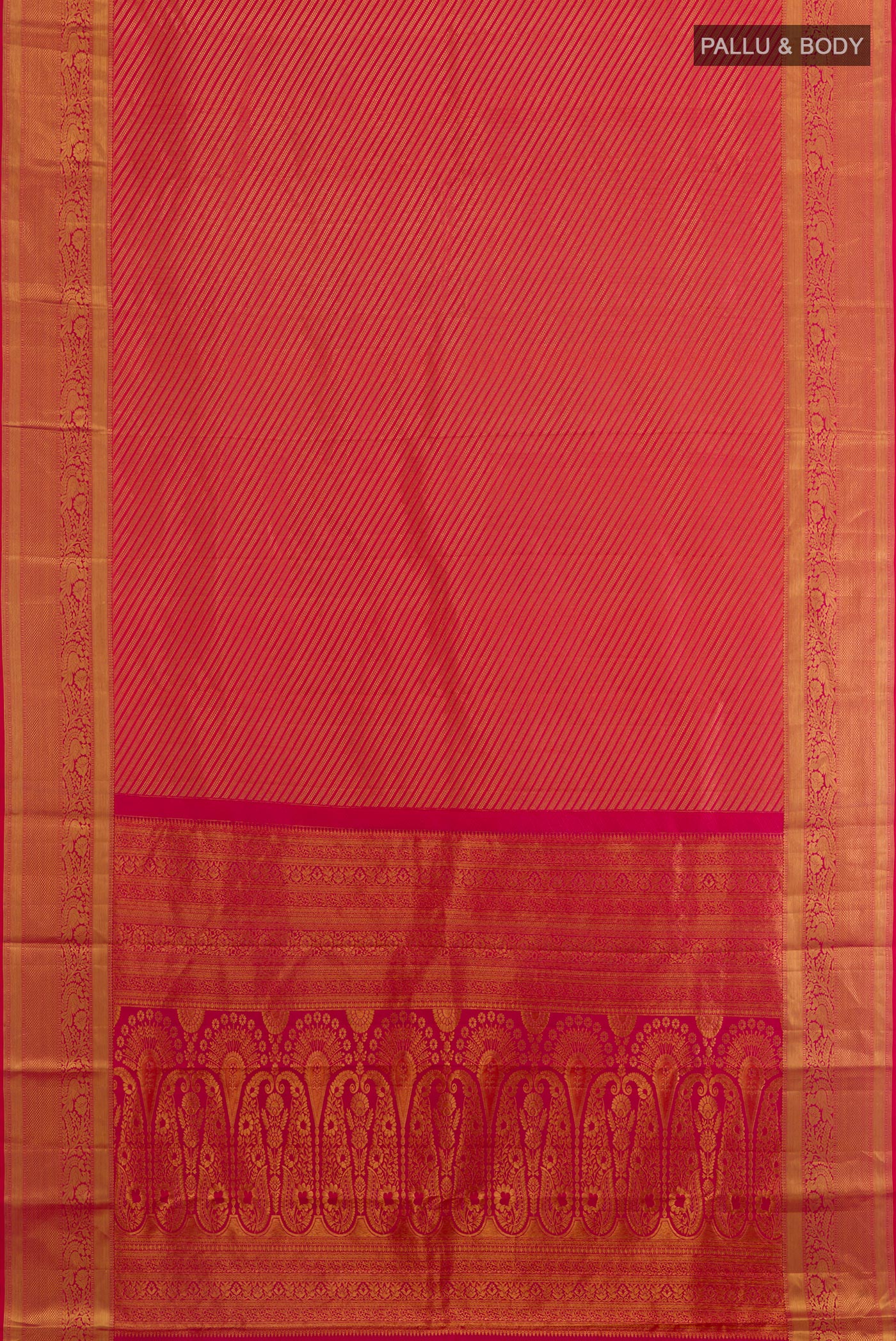 Flat view of Pink Kanchipuram Silk Saree with Zari Brocade on the body and Zari Border. 