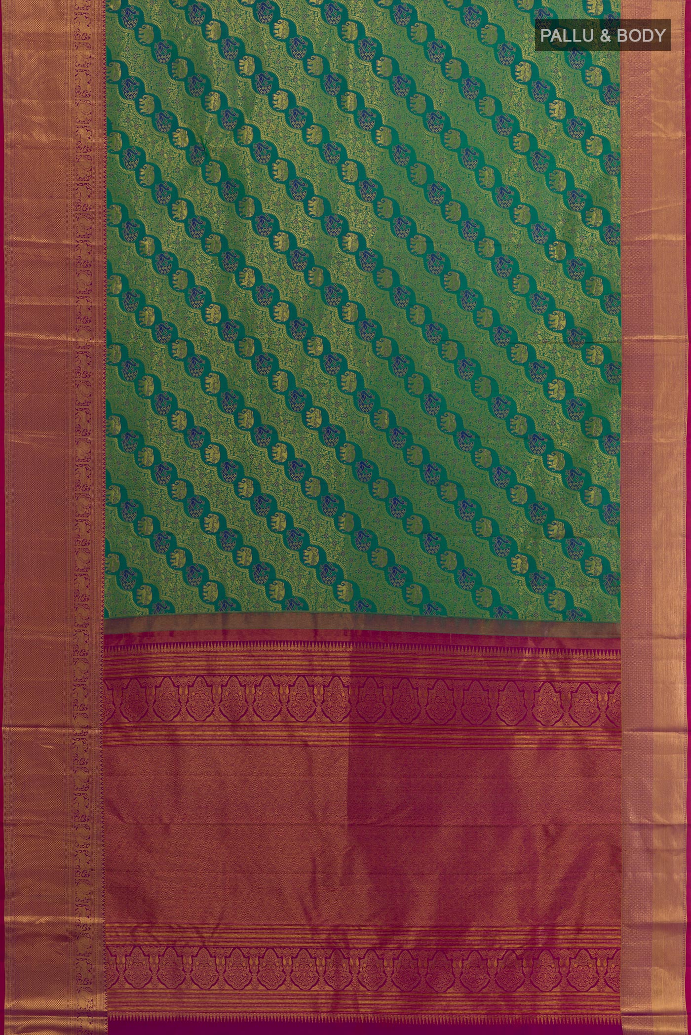 Flat view of Green Kanchipuram Silk Saree with Zari Brocade on the body and Zari Border. 