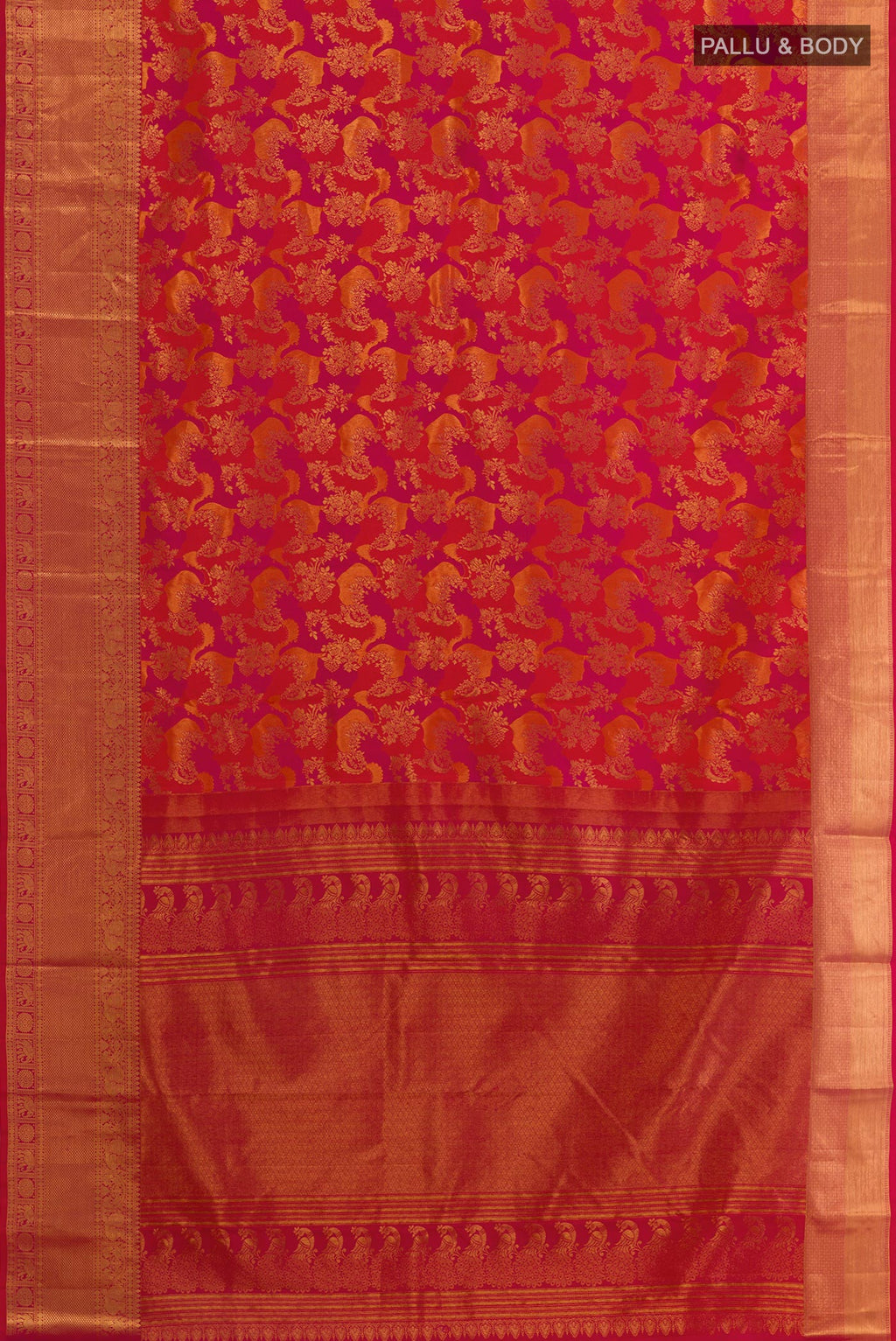 Flat view of Pink Kanchipuram Silk Saree with Zari Brocade on the body and Zari Border. 