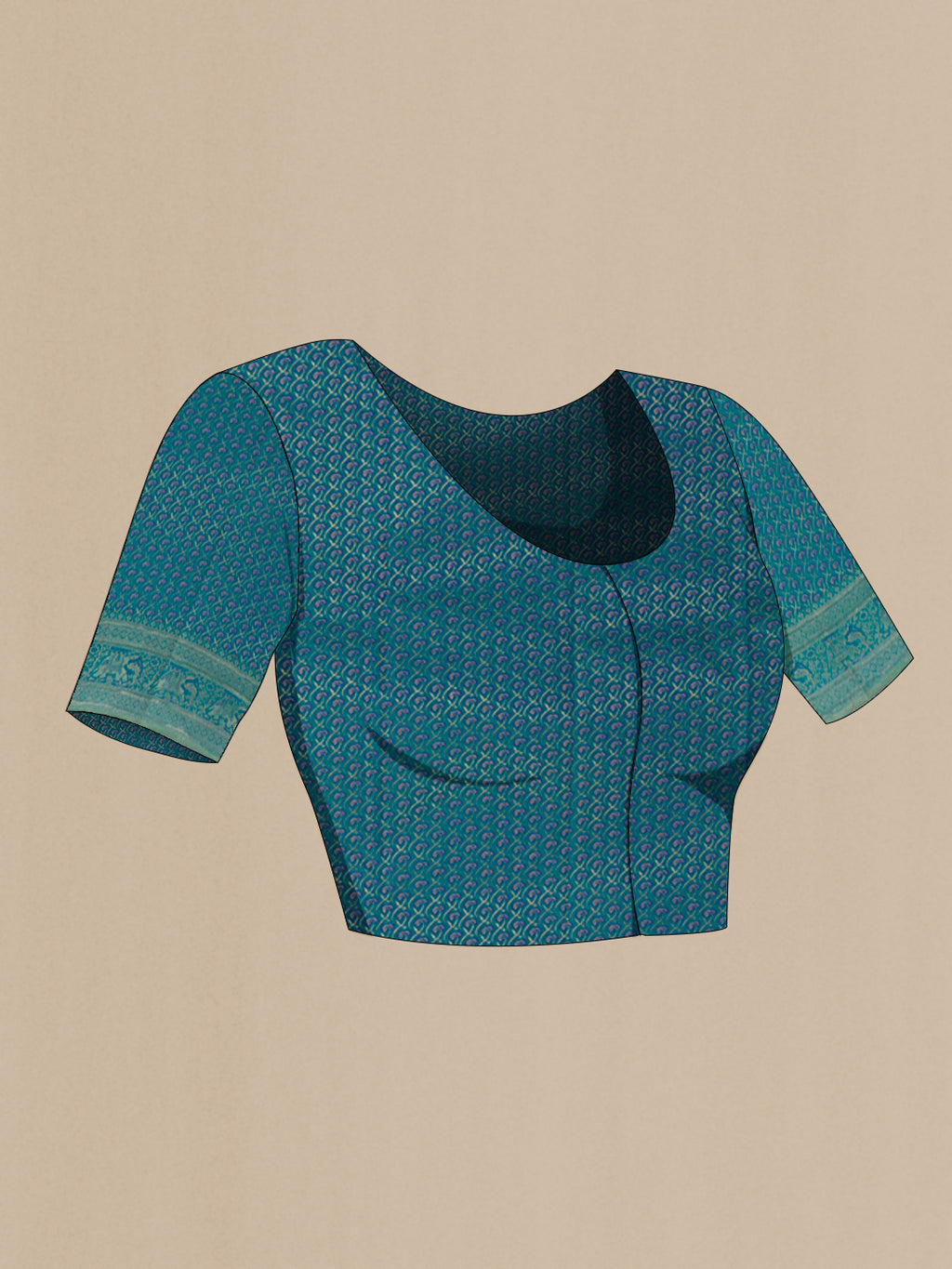 Close up image of the blouse of Peacock Blue Kanjivaram Silk Saree with Zari Brocade on the body and Zari Border. 