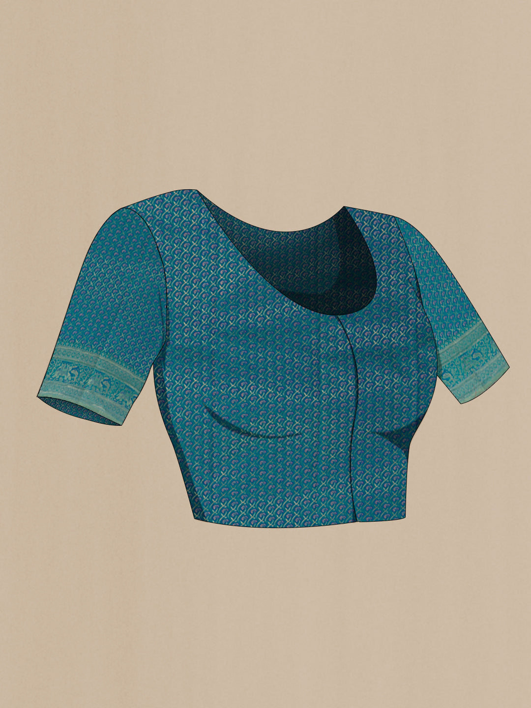 Close up image of the blouse of Peacock Blue Kanjivaram Silk Saree with Zari Brocade on the body and Zari Border. 