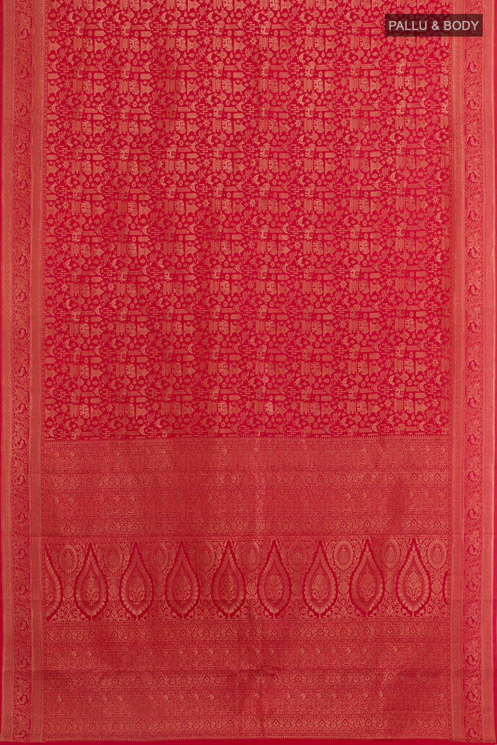 Flat view of Red Kanjivaram Silk Saree with Zari Brocade on the body and Zari Border. 