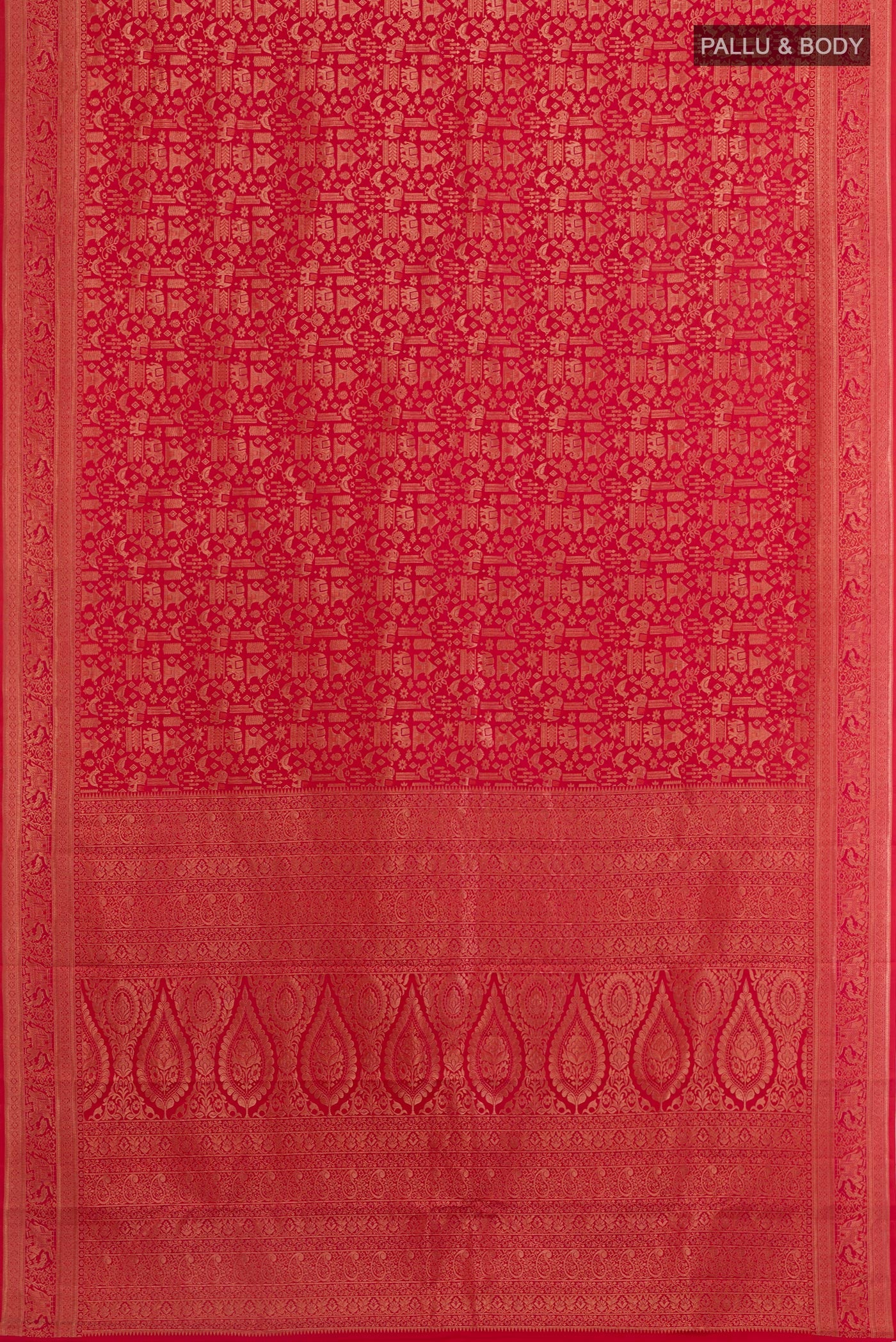 Flat view of Red Kanjivaram Silk Saree with Zari Brocade on the body and Zari Border. 