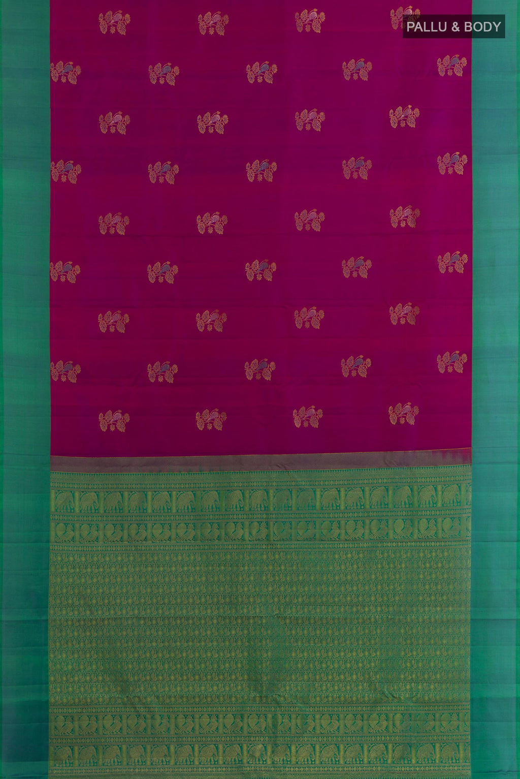 Flat view of Magenta Kanjivaram Silk Saree with Zari Butta on the body and Plain Border. 
