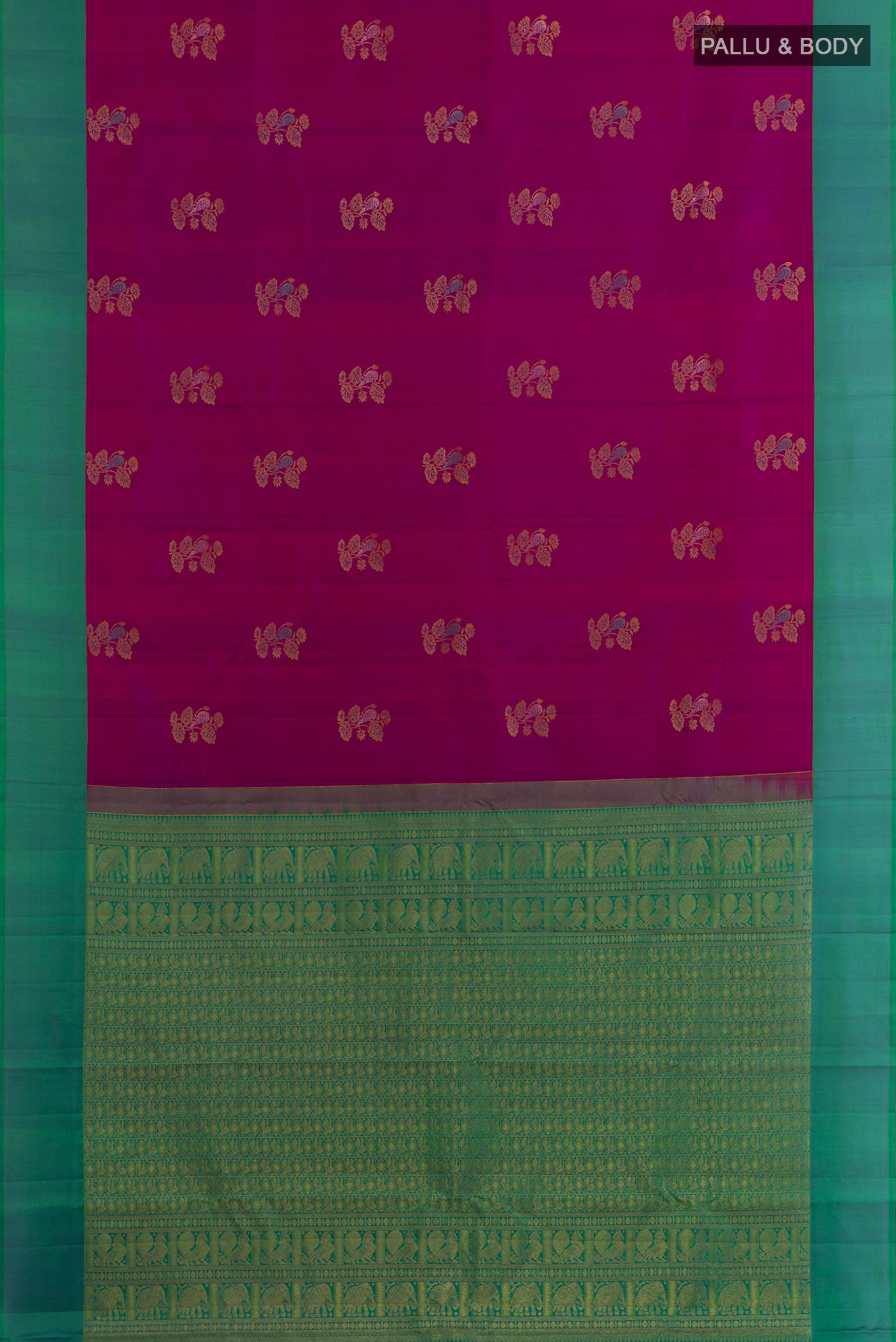Flat view of Magenta Kanjivaram Silk Saree with Zari Butta on the body and Plain Border. 