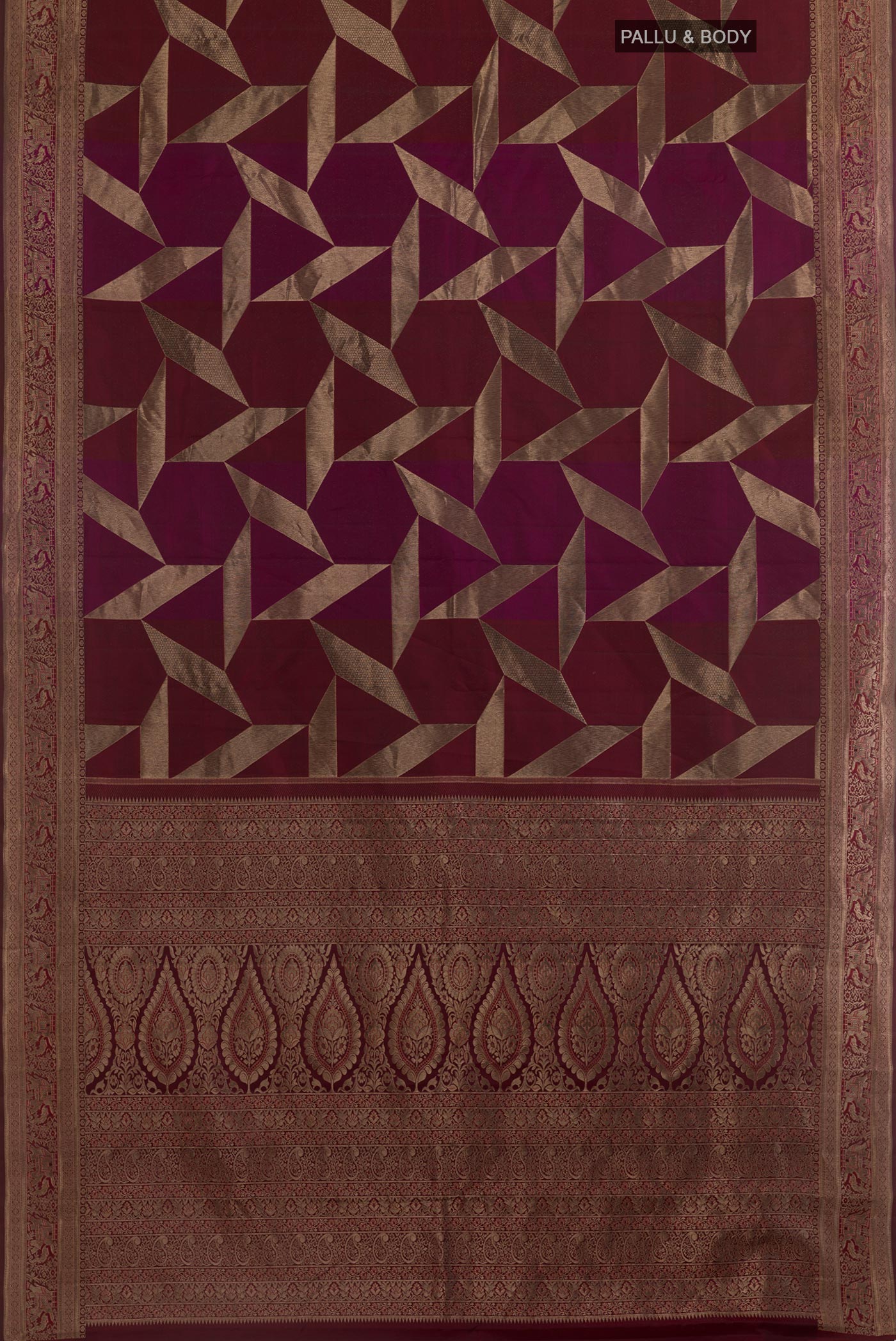 Flat view of Multi Color Kanjivaram Silk Saree with Zari Brocade on the body and Zari Border. 