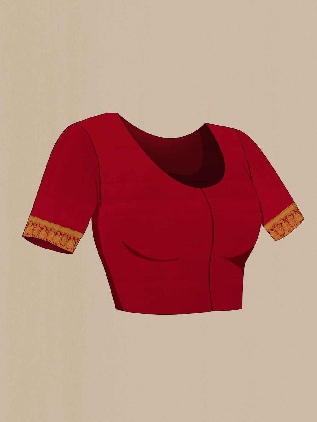 Close up image of the blouse of Red Kanjivaram Silk Saree with Zari Butta on the body and Zari Border. 