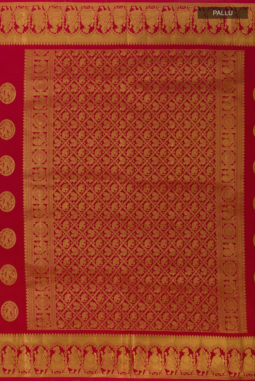 Close up image of the pallu of Red Kanjivaram Silk Saree with Zari Butta on the body and Zari Border. 