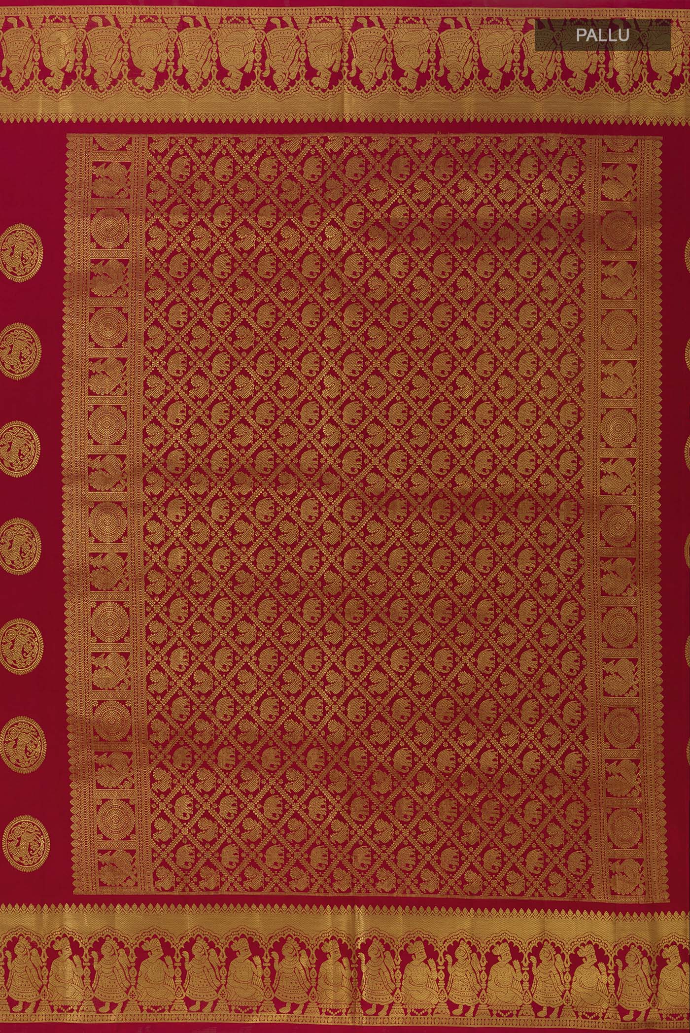 Close up image of the pallu of Red Kanjivaram Silk Saree with Zari Butta on the body and Zari Border. 