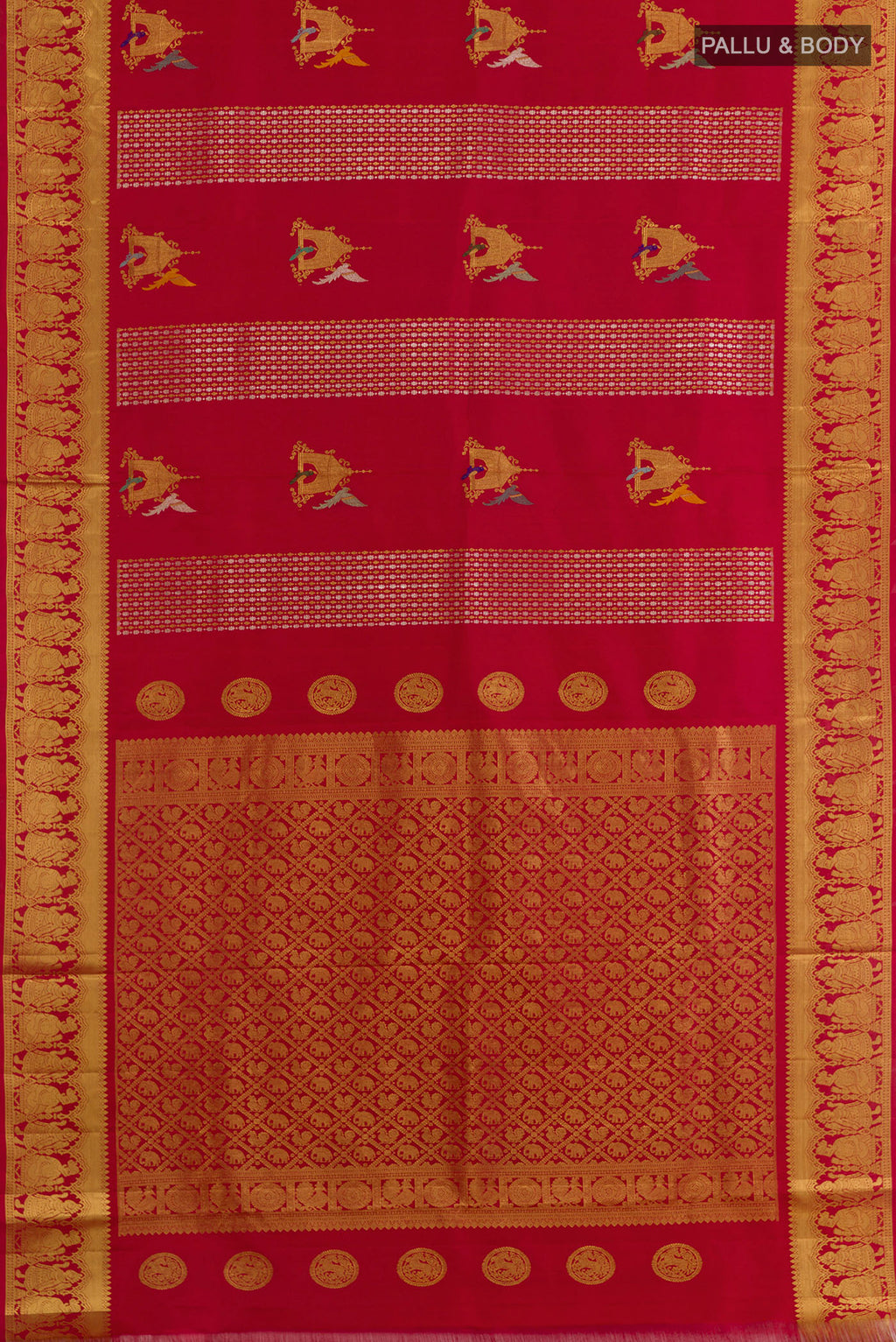 Flat view of Red Kanjivaram Silk Saree with Zari Butta on the body and Zari Border. 