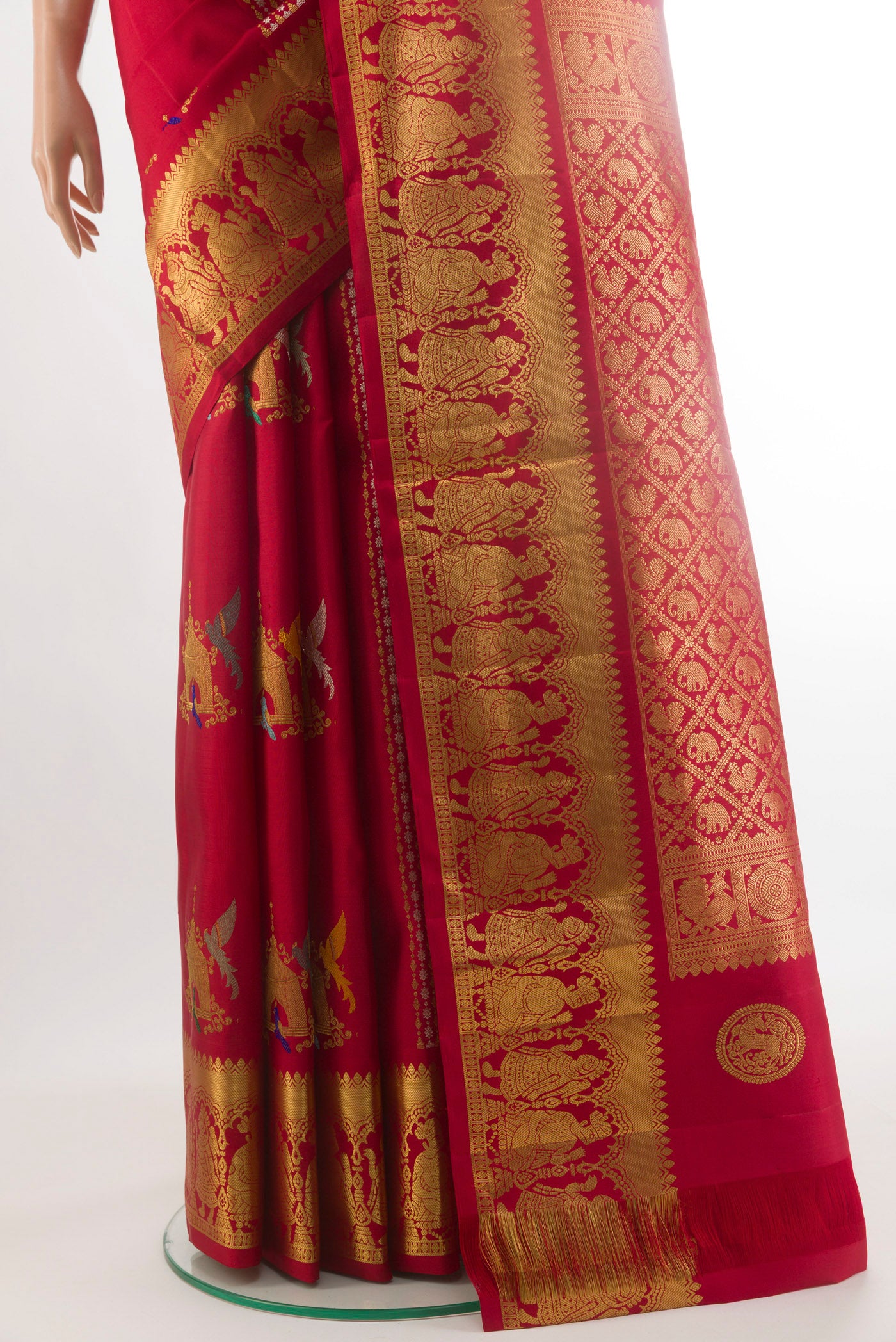 Pleats and pallu of Red Kanjivaram Silk Saree with Zari Butta on the body and Zari Border. 
