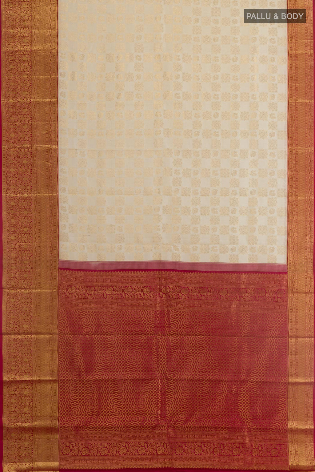 Flat view of Off White Kanchipuram Silk Saree with Zari Brocade on the body and Zari Border. 