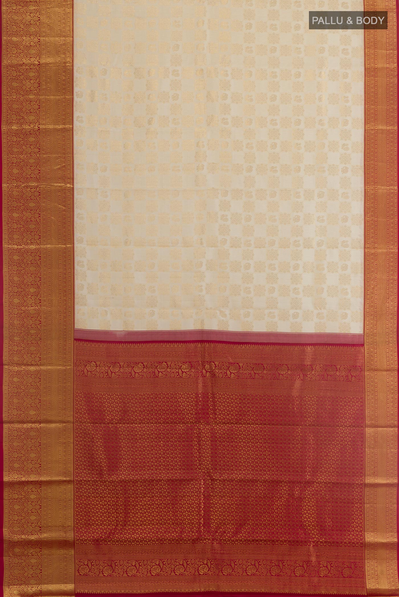 Flat view of Off White Kanchipuram Silk Saree with Zari Brocade on the body and Zari Border. 
