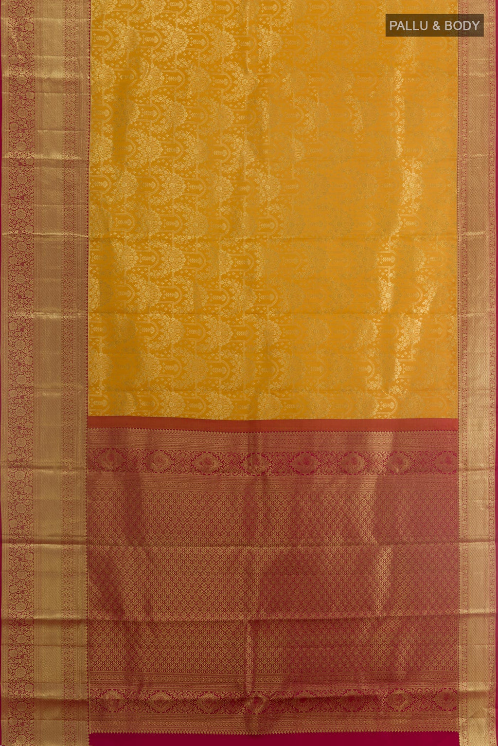 Flat view of Yellow Kanchipuram Silk Saree with Zari Brocade on the body and Zari Border. 