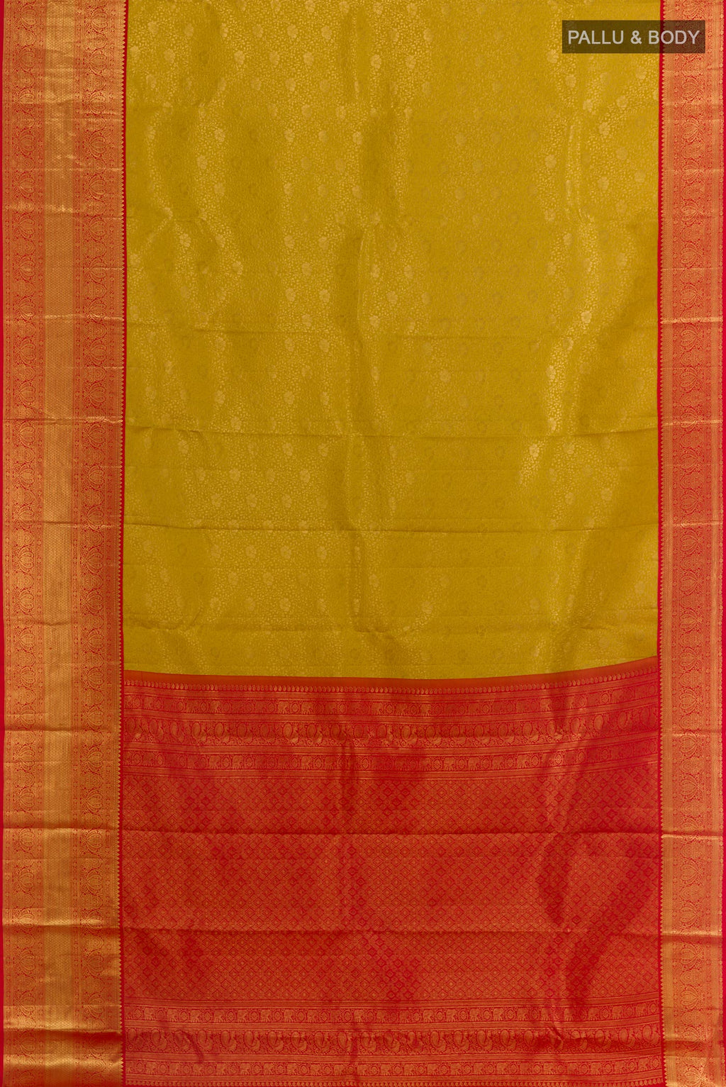 Flat view of Yellow Kanchipuram Silk Saree with Zari Brocade on the body and Zari Border. 