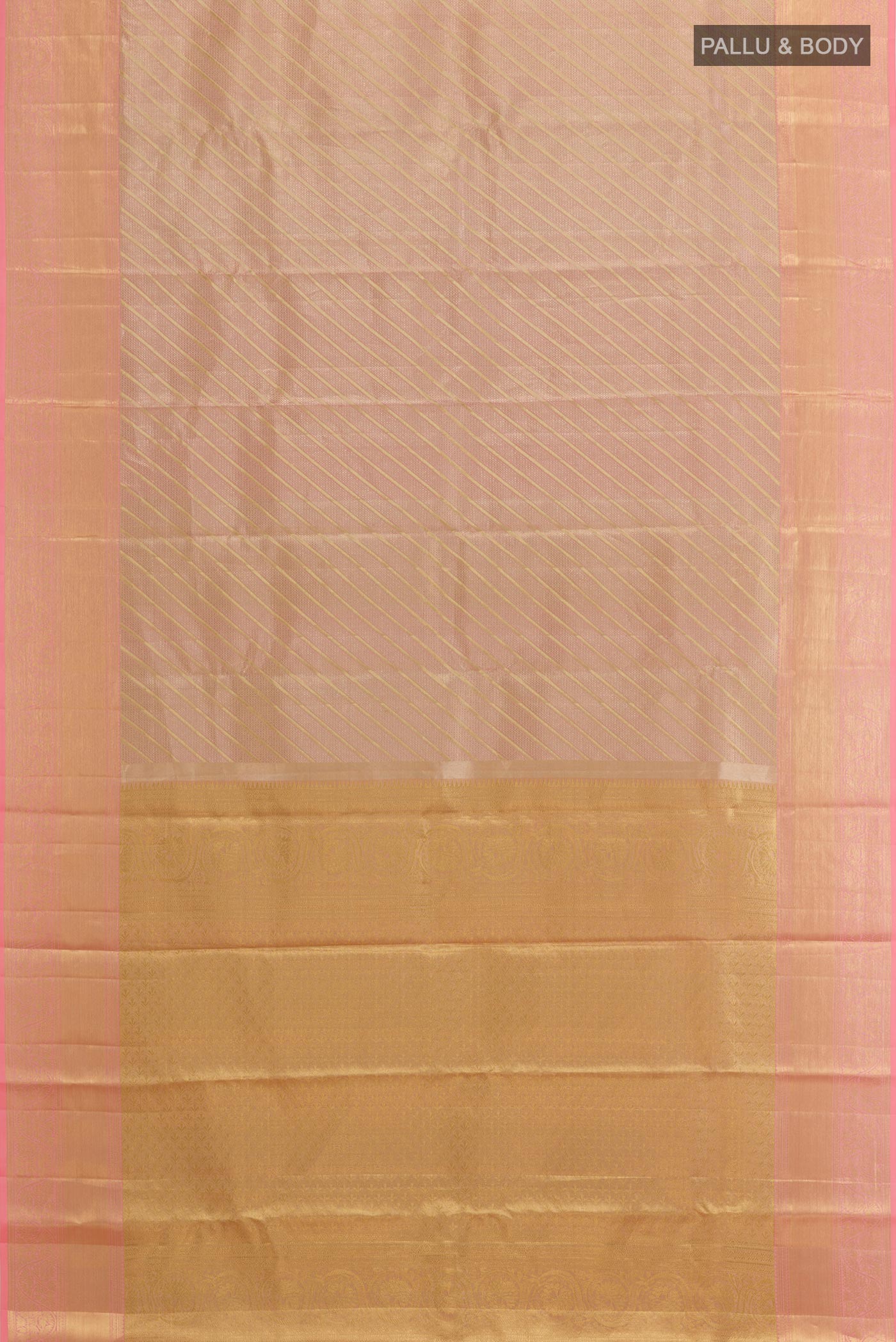 Flat view of Rose Gold Kanchipuram Tissue Silk Saree with Zari Brocade on the body and Zari Border. 
