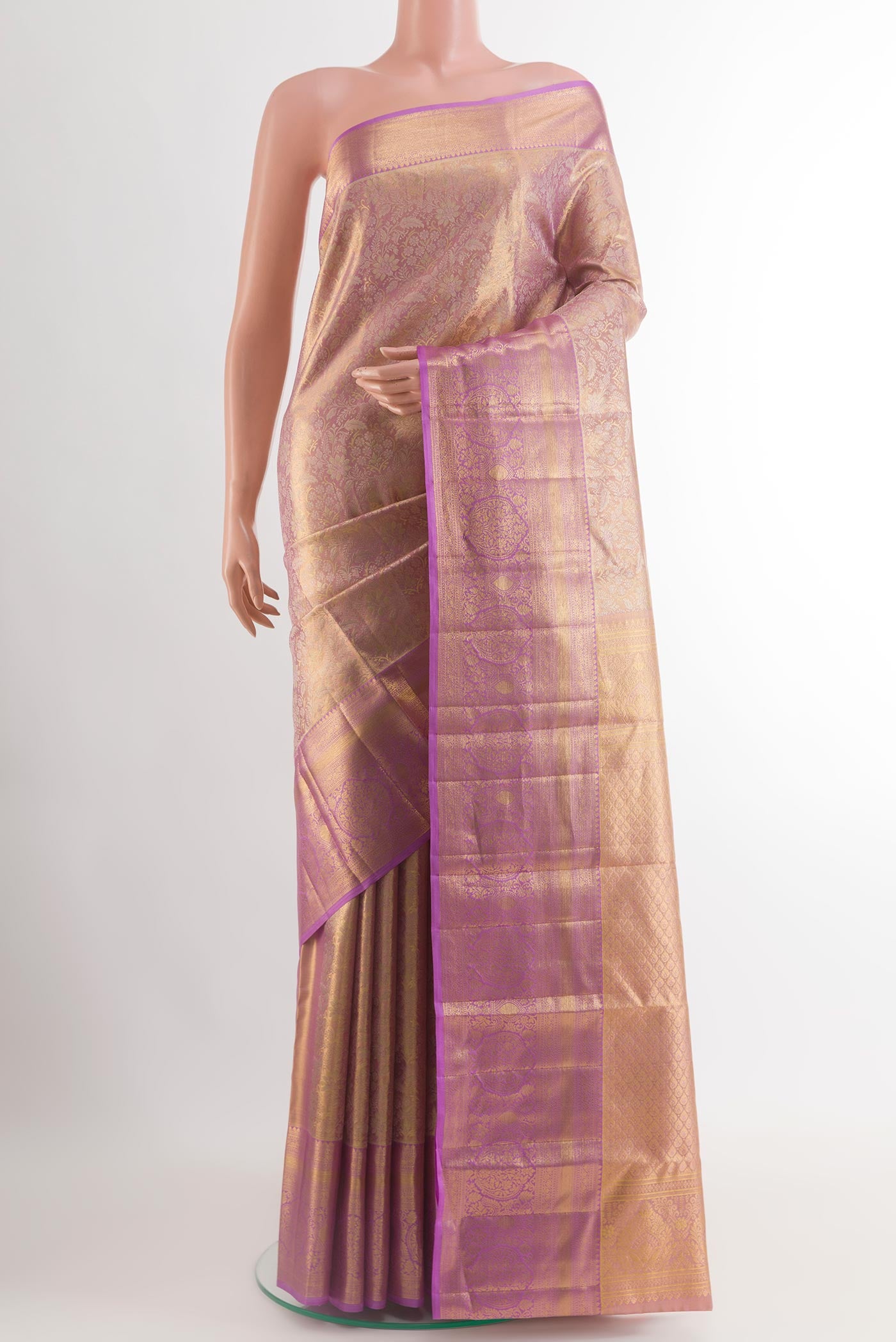 Lavender Dual Tone Kanchipuram Tissue Silk Saree with Zari Brocade on the body and Zari Border.  displayed on a mannequin