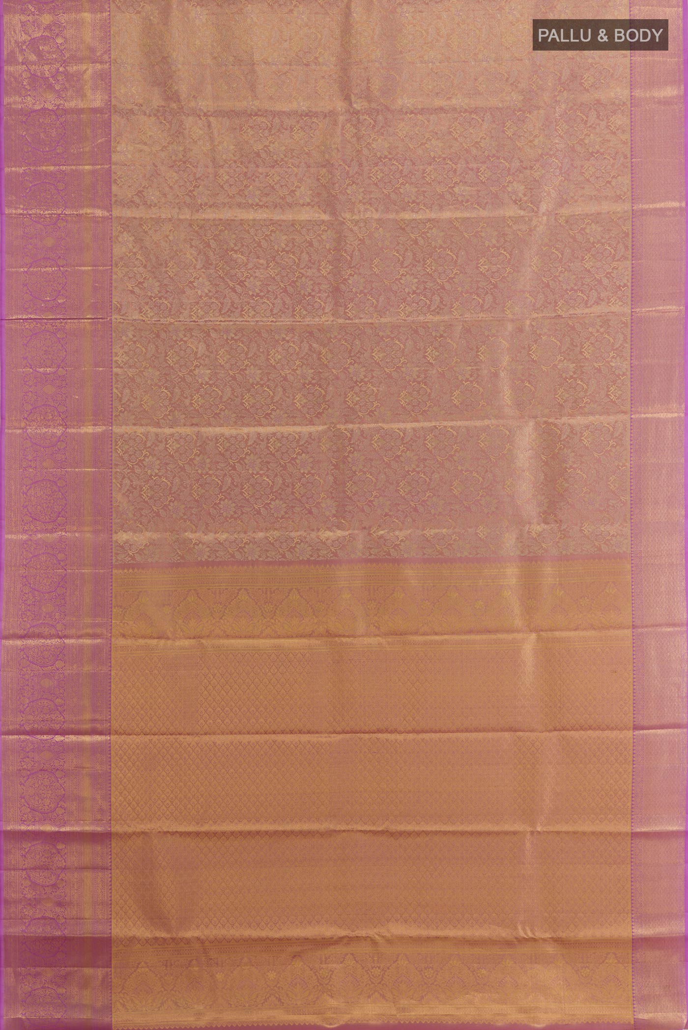 Flat view of Lavender Dual Tone Kanchipuram Tissue Silk Saree with Zari Brocade on the body and Zari Border. 