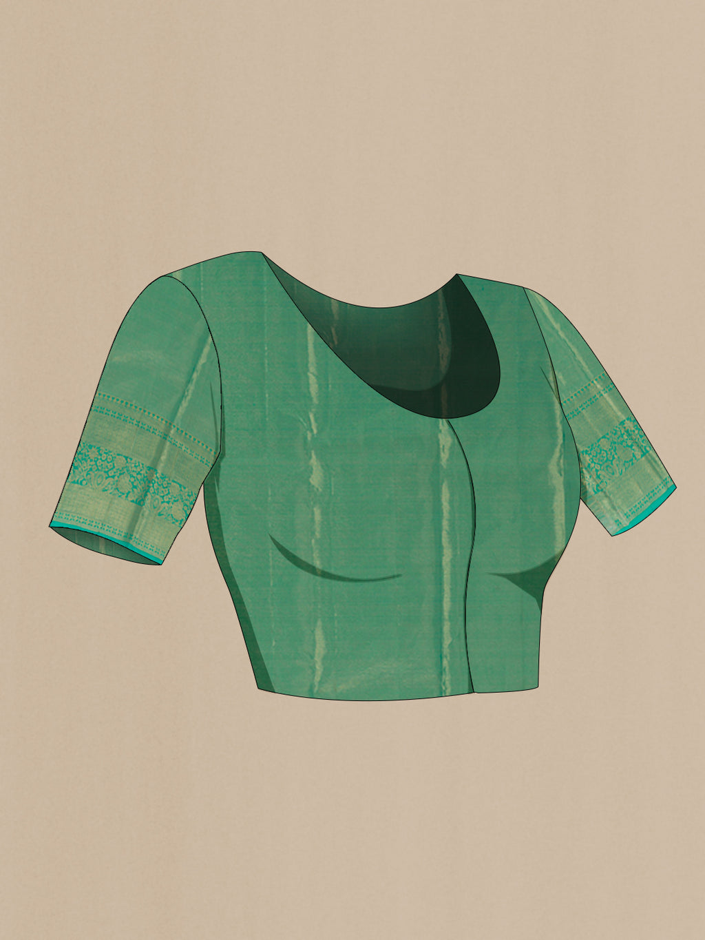 Close up image of the blouse of Sea Green Dual Tone Kanchipuram Tissue Silk Saree with Zari Brocade on the body and Zari Border. 