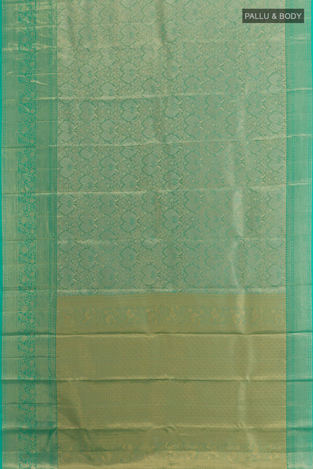 Flat view of Sea Green Dual Tone Kanchipuram Tissue Silk Saree with Zari Brocade on the body and Zari Border. 