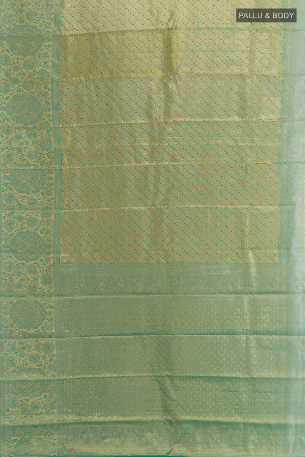Flat view of Gold Dual Tone Kanchipuram Tissue Saree with Zari Brocade on the body and Zari Border. 