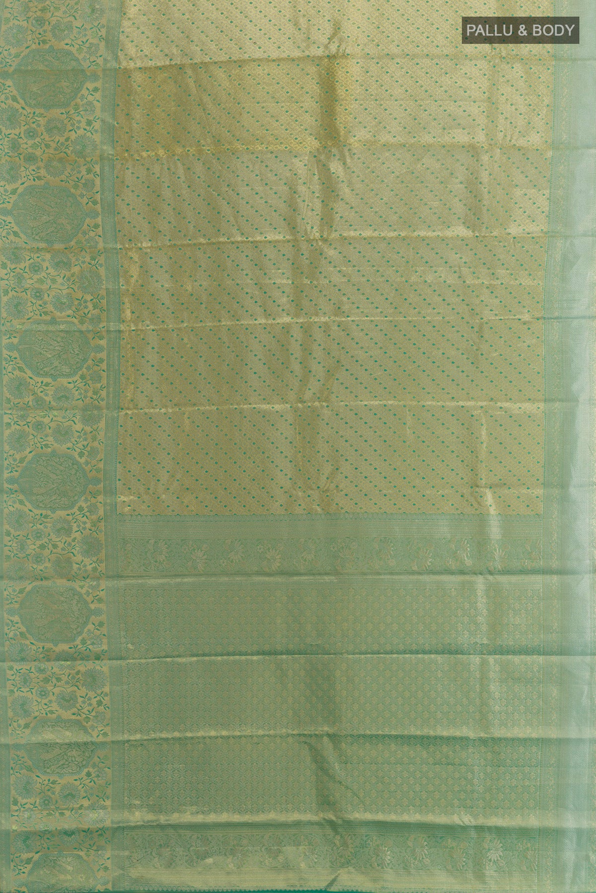 Flat view of Gold Dual Tone Kanchipuram Tissue Saree with Zari Brocade on the body and Zari Border. 