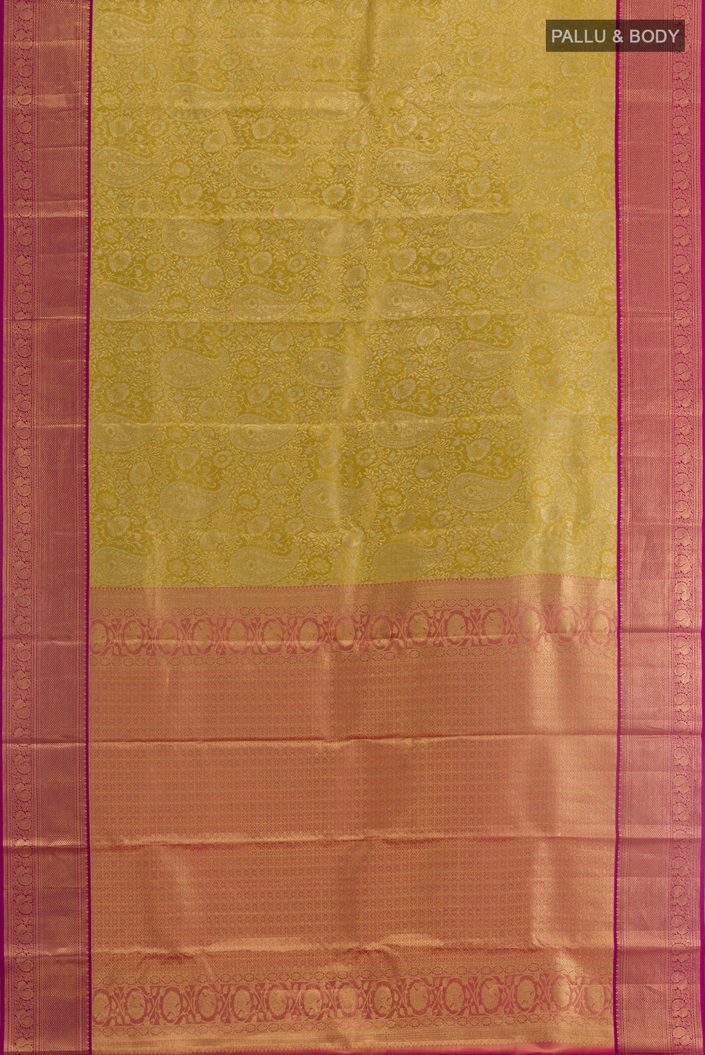 Flat view of Golden Kanchipuram Silk Saree with Zari Brocade on the body and Zari Border. 