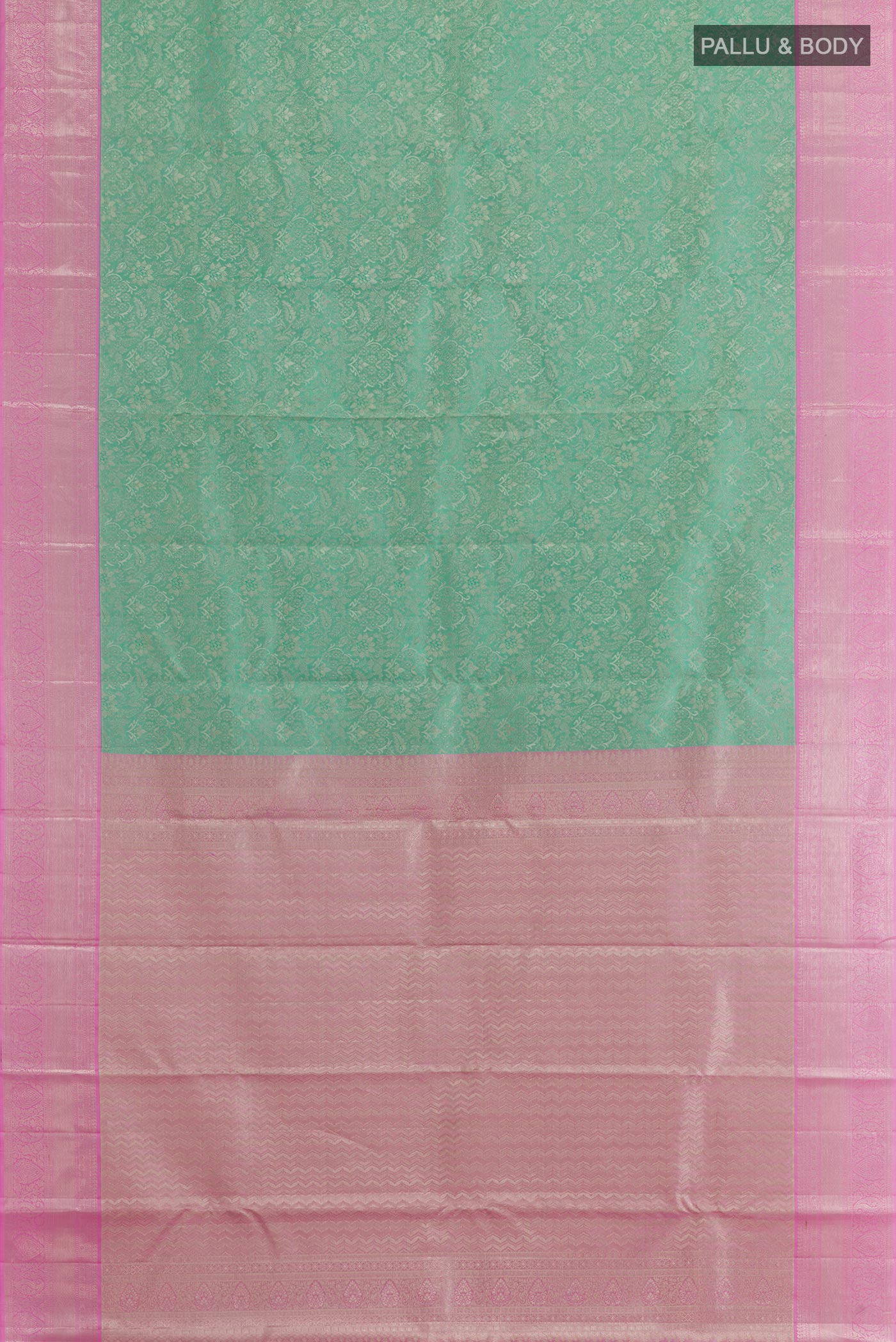 Flat view of Sea Green Kanchipuram Tissue Silk Saree with Zari Brocade on the body and Zari Border. 